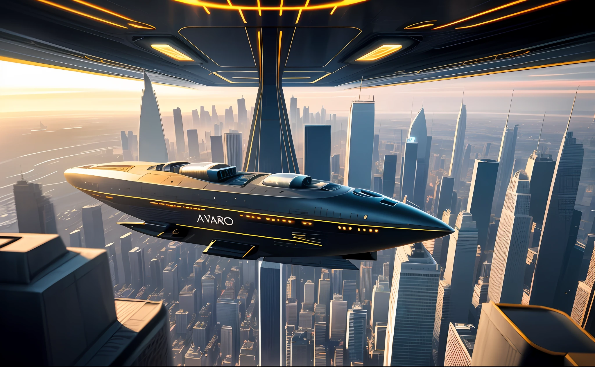 Train space ship, with a triangular shape, in black and gold color scheme, using a warp drive propulsion system, traveling on magnetic levitation tracks. The purpose of the ship is military transport. The environment is a futuristic cityscape with tall skyscrapers in the background. The camera model is a Canon EOS R5. The composition is centered on the ship, with the cityscape in the background. The perspective is slightly tilted to create a dynamic feel. The lighting is a warm, golden hour glow, casting long shadows. The depth of field is shallow, with the ship in focus and the background slightly blurred. The shutter speed is set to capture the movement of the ship. The photo quality is high resolution, with sharp details and vibrant colors. The extra photography jargon that matches the details includes using a wide-angle lens to capture the entire ship and the cityscape, and adjusting the ISO to balance the exposure. --style raw --no camera --v 5.1_ _