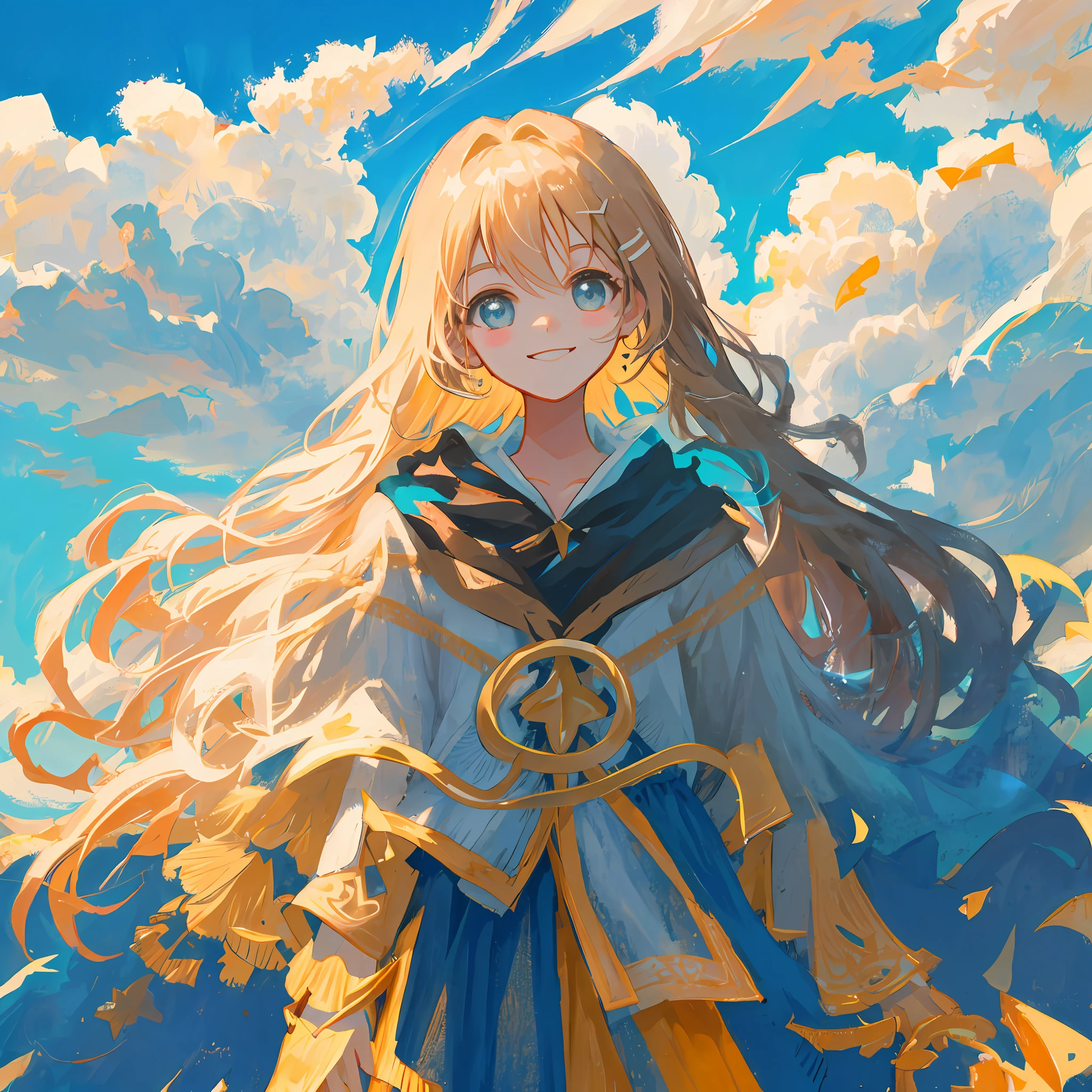 Up close, smiling, clouds and sky, symetrical