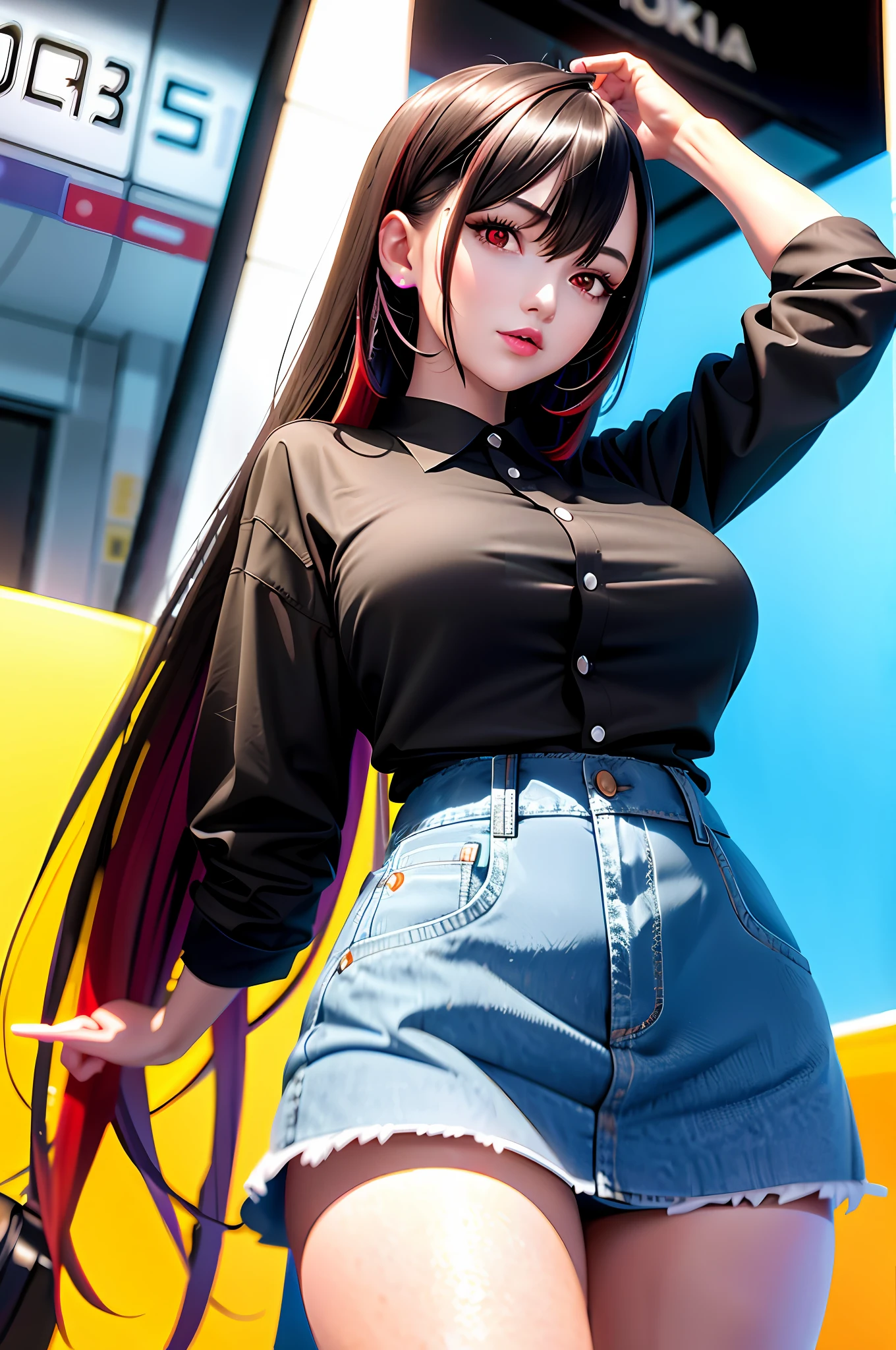 One girl, with large breasts (realistic style, bright colors), dynamic, playful, with a bustling center, (tomboy: 1.3), wearing a chic style. long hair, black hair with red highlights, red eyes, ruffled shirt, short skirt,