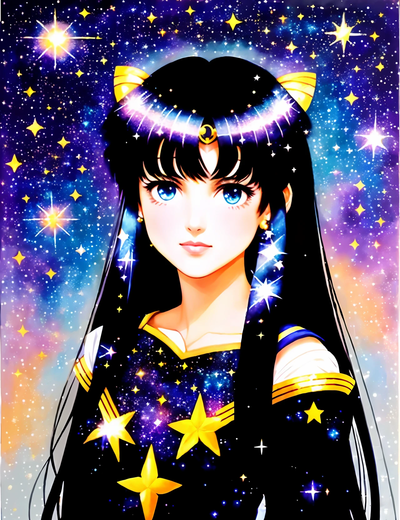 (A stellar guardian, Sailor Moon-style clothes, long black hair with loose bangs, outlined look):0.9, (galaxy, stars, sparkles, light reflections):1.3, (oil painting, soft brushstrokes, texture, high contrast), night sky:0.9, stellar background:1.2