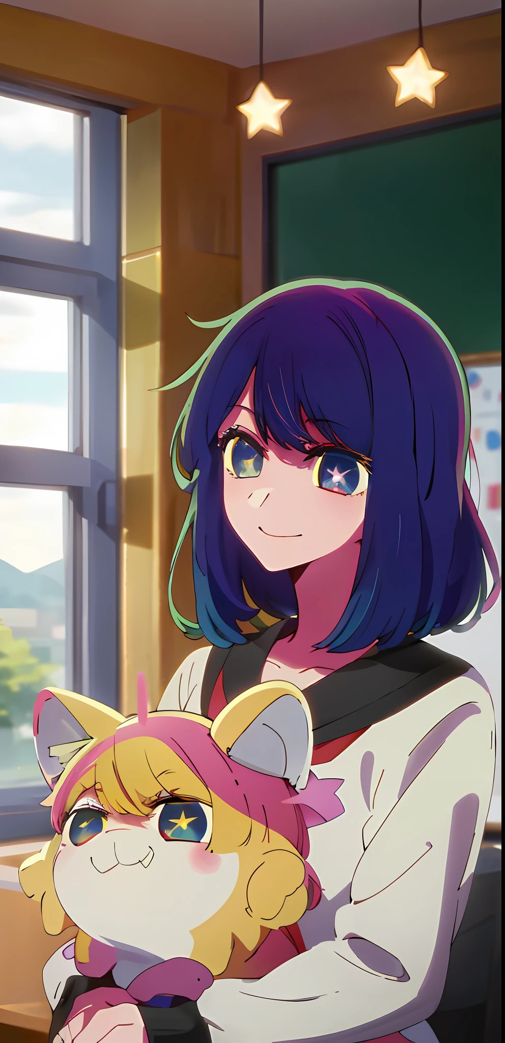 (masterpiece:1.2, best quality), 1girl, solo, school uniform, classroom, day, sit, star-shaped pupils in both eyes , yellow star-shaped pupils, yellow symbol-shaped pupils, yellow star in eye, yellow star symbol-shaped pupils, blue hair, smiling, laughing