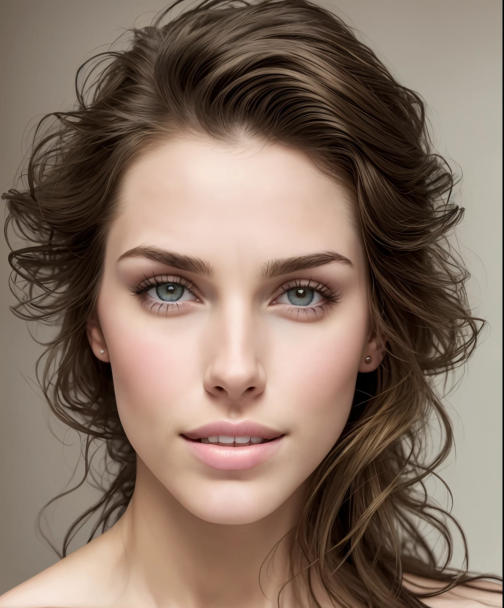 Brunette model of 28 years old, [[[[closeup]]]], [[[[chest]]]], [[[[neck]]]], [[[[shoulders]]]], perfect eyes, perfect iris, perfect lips, perfect teeth, perfect skin, soft front light, glow, HDR, (muted colors:1.2), gorgeous, Close up, super realistic
