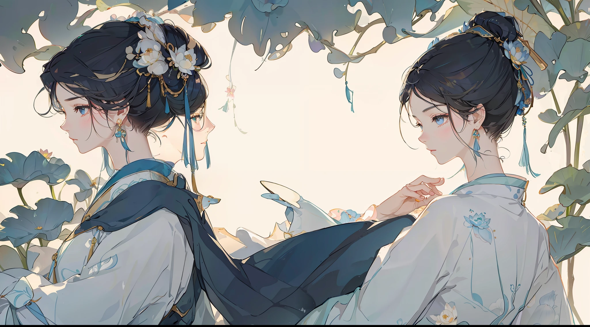 (Masterpiece, super detailed, freehand) ancient Chinese beauty sitting on stone, delicate facial features, melancholy temperament, wearing ancient Chinese clothing, flowing blue tulle, light silk, lazy pose, large lotus leaves, lotus flowers, ink painting style, clean color, decisive cutting, white space, high quality, high resolution, 4K, epic composition.