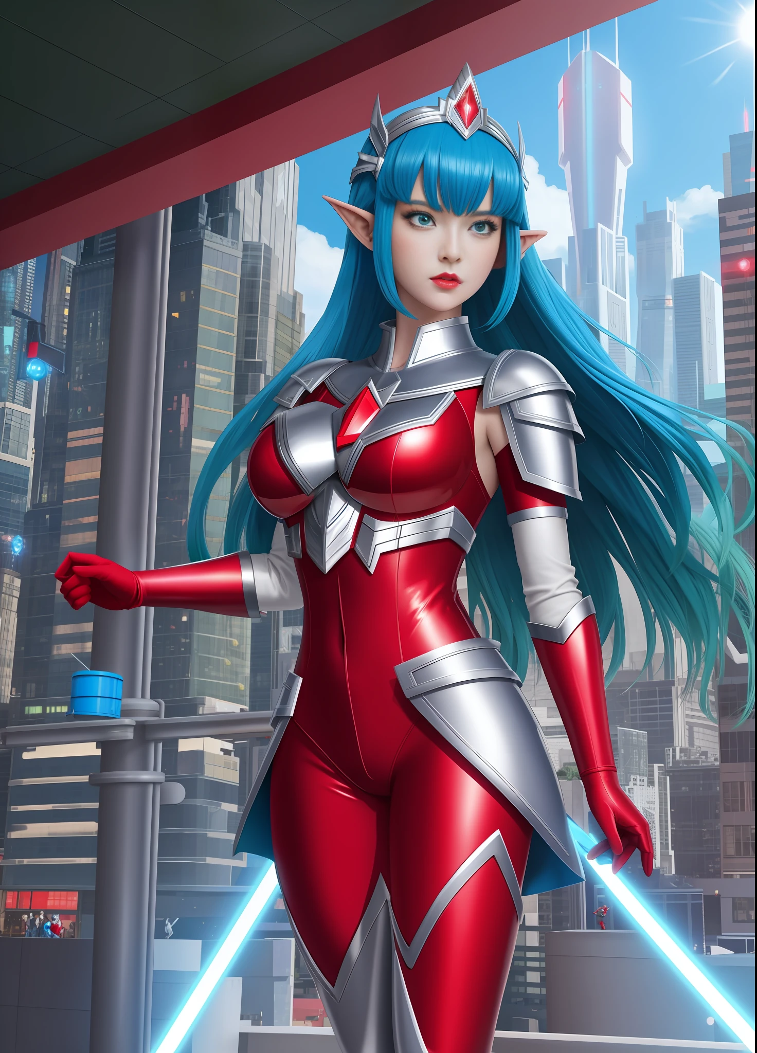 Full body image, standing, Princess Zelda giant, (red with silver costume:1.5), as Ultraman, immensely large breasts1, very tight body suit, heavy makeup on her face, light blue jewel on the breastplate, helmet on head, red lipstick on her mouth, (she green eyes:1.5, blue hair:1.5), Looking at the viewer from the front, she is in a futuristic city with several monsters attacking the buildings, Tokusatsu, Ultraman, anime style, cinematic lighting, 16k, UHD, masterpiece, best quality, high details