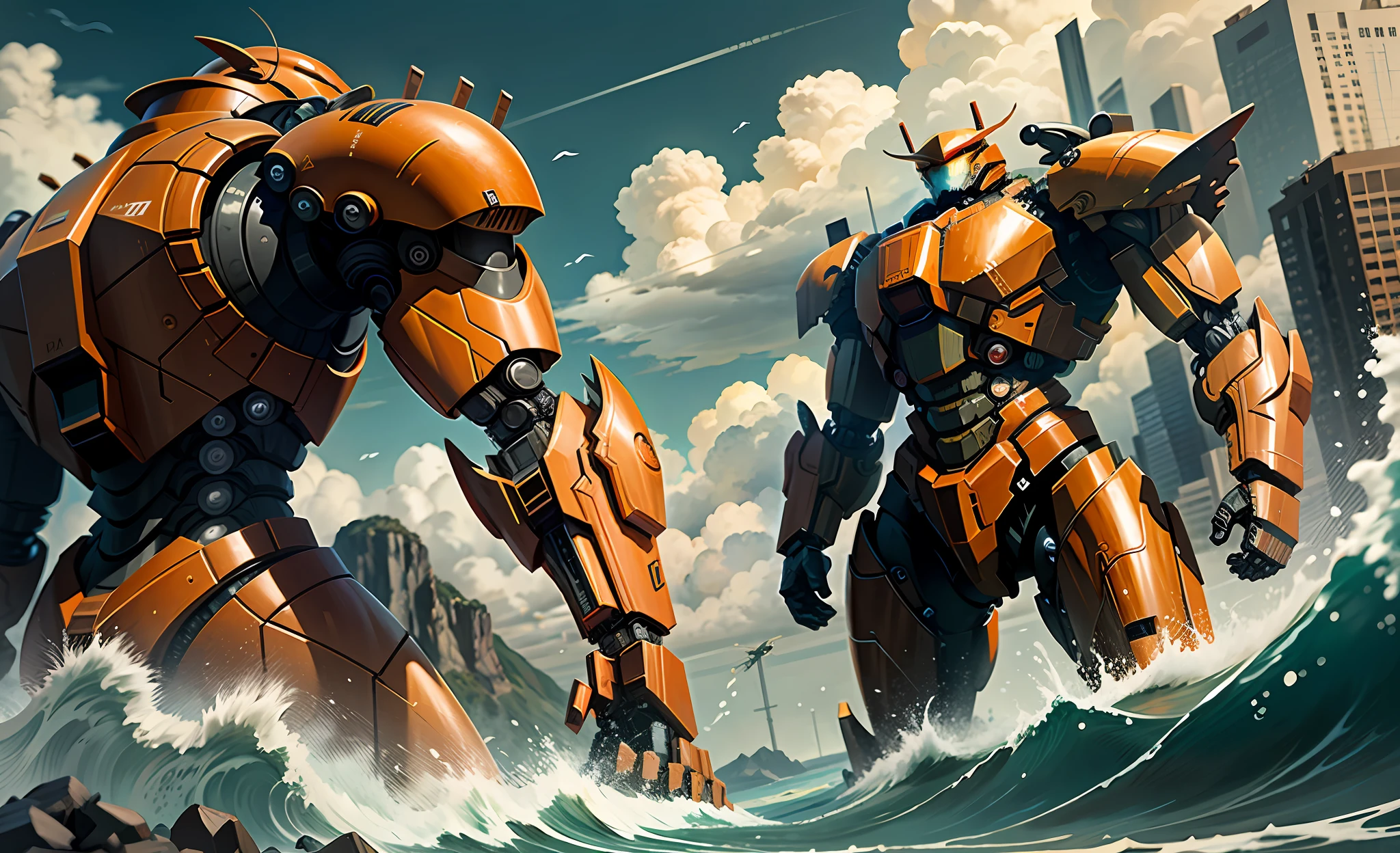Dynamic angle, Pacific Rim, Pacific Rim Jaeger, one orange J43g3r mecha walking in the ocean