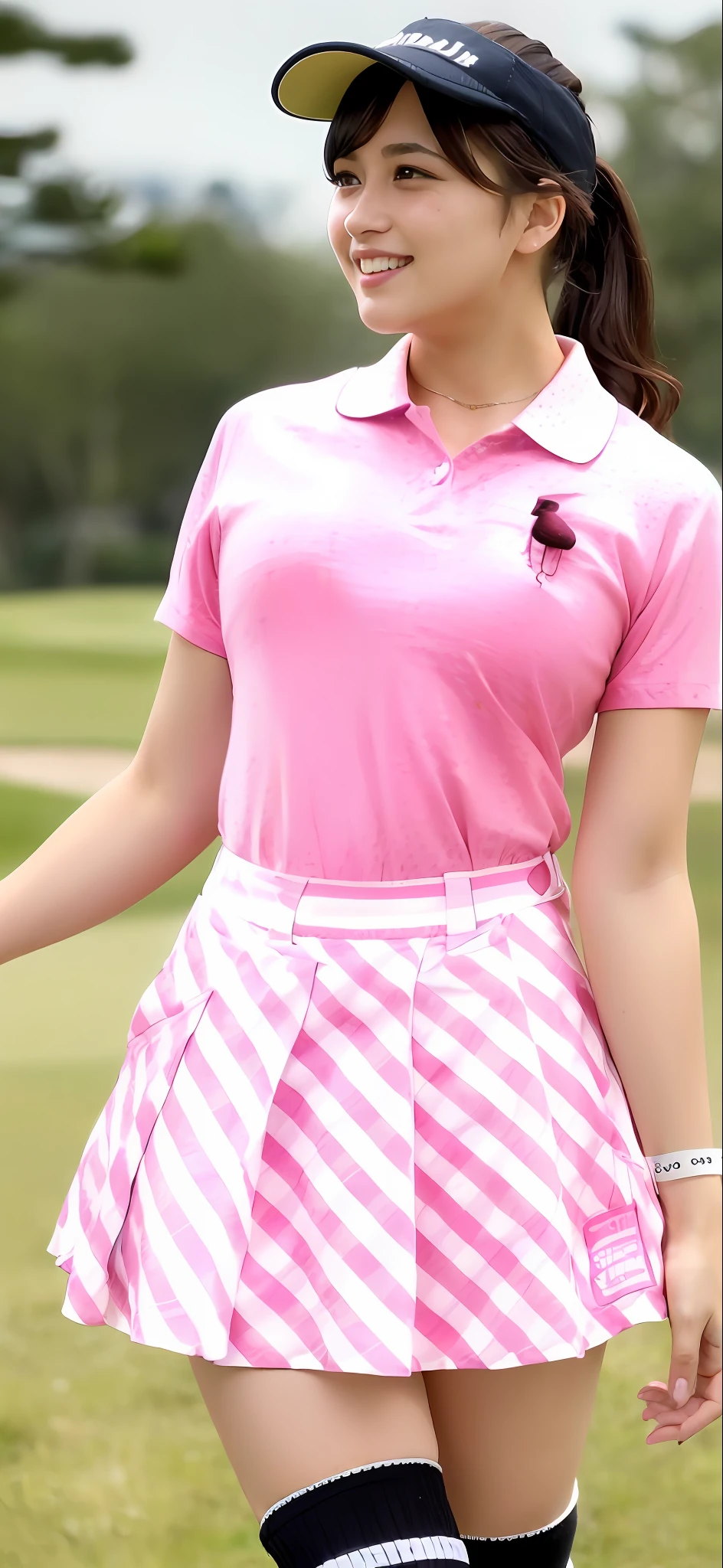 (Skin Blemishes: 1.2), (Skin Dent), Black Eyes, 1 Woman, 25 years old, ((((Female))), Solo, Realistic, Best Quality, Photorealistic, Masterpiece, 8K, High Resolution, Solo, Highly Detailed Face, (Pro Lighting, Bokeh), (Light Particles, Lens Flare, Luminous Particles: 0.6), (Dynamic Pose: 1.2), Soft Lighting, Top View Angle, Fashionable and trendy atmosphere, Japan, street, golf course, golf uniform, super mini skirt, polo shirt, bust D cup ((daytime)), sky, golf play, gorgeous, standing figure, maintain original facial proportions, wide shoulders, full body, long hair, brown hair, floating hair, lips, lipstick, seductive smile, floating hair, smile, mouth open, teeth, (summer dress: 1), eyelashes, Moles, (moles under eyes: 1), big, knee-high socks, medium hair, lecoq golf wear, golf shoes, tartan check, playing golf swing, swinging 4-iron, angle from the side