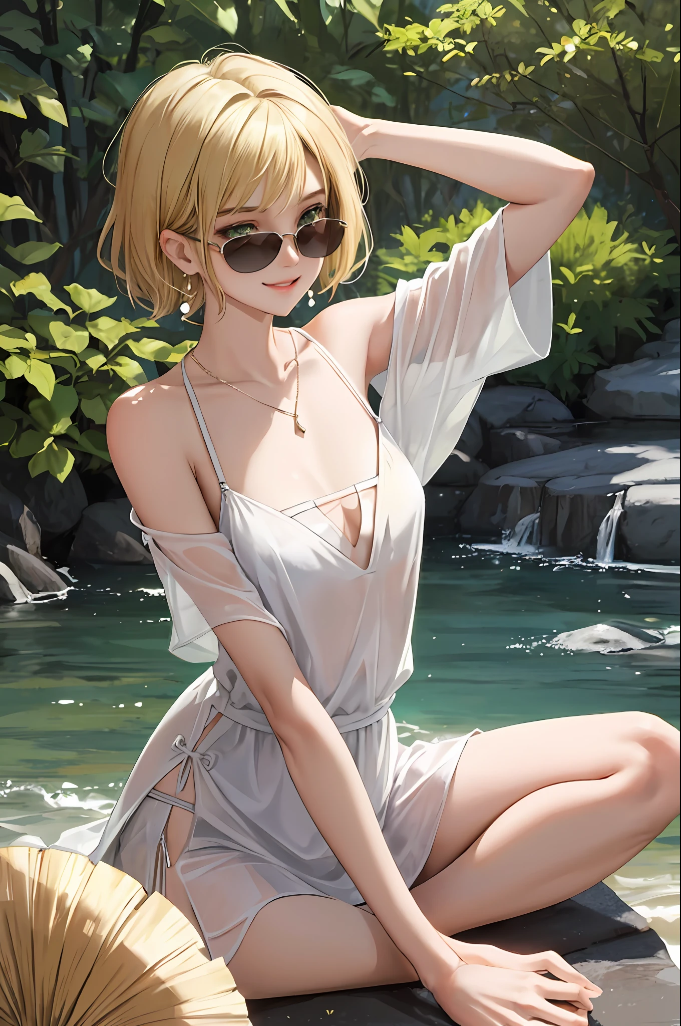 (masterpiece:1.2, best quality), 1girl, smirk, slim, slender, green eyes, sharp eyes, small_breasts, flat_chest, leaning forward, facing viewer, dress, wide-brimmed hat, strappy sandals, oversized sunglasses, simple hoop earrings, shell necklace, areola slip, down blouse, embarrassed, very short blonde hair, ^ ^, nature, yoga studios, serene spaces,