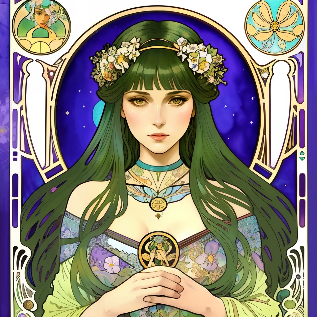 A gorgeous woman with flowers on her hair, tarot card, variscite, alphonse mucha, gustav klimt, anna dittmann, floral, art nouveau, illustration, hyperrealistic, line art, marker drawing, watercolor painting, african American woman