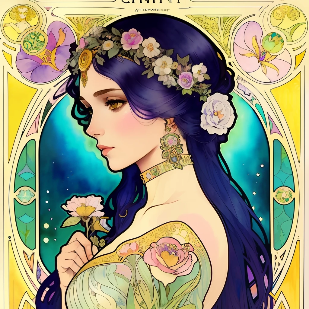 A gorgeous woman with flowers on her hair, tarot card, variscite, alphonse mucha, gustav klimt, anna dittmann, floral, art nouveau, illustration, hyperrealistic, line art, marker drawing, watercolor painting, african American woman