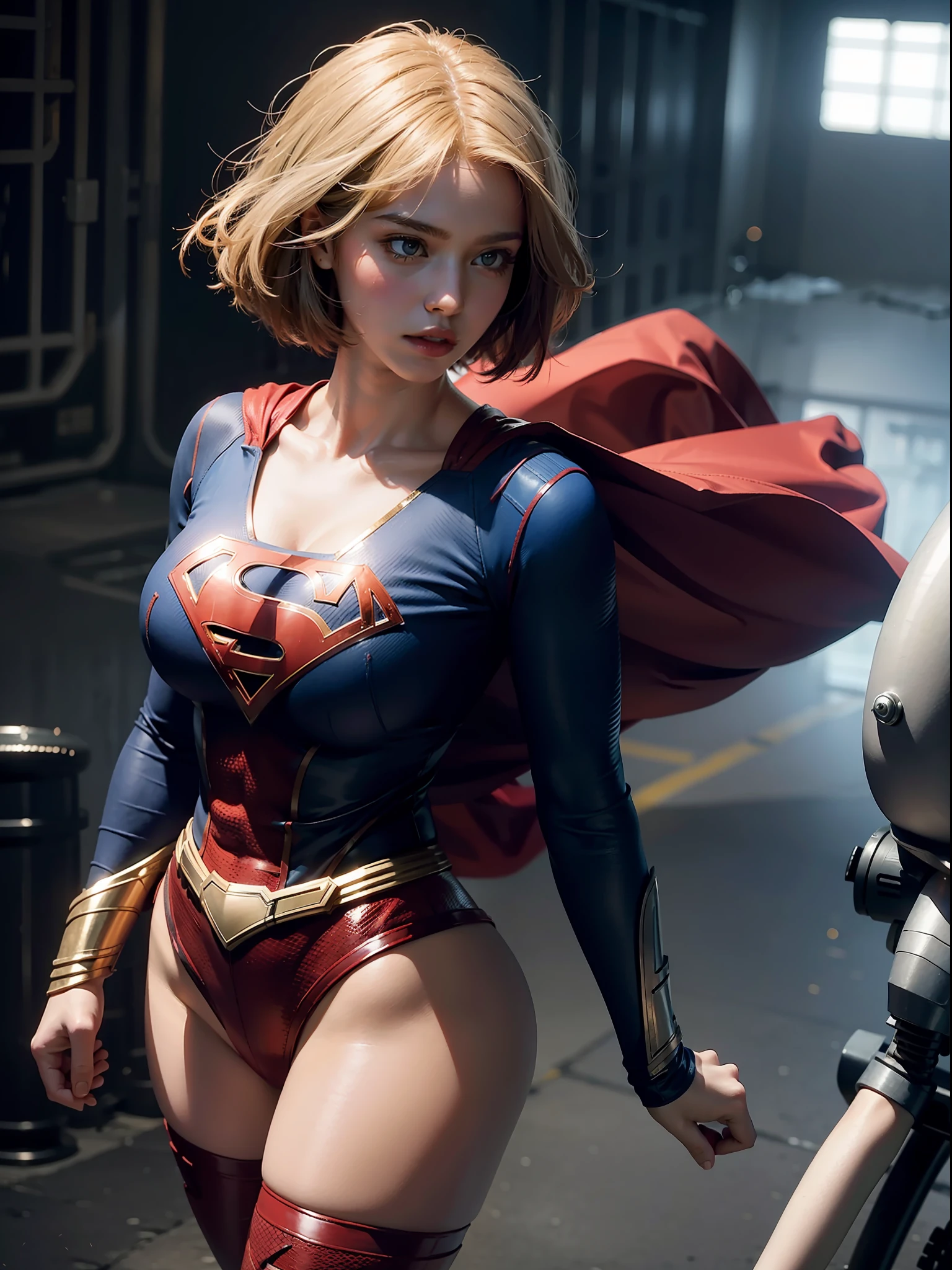 Beautiful woman short hair defined body big breasts, wearing Supergirl cosplay