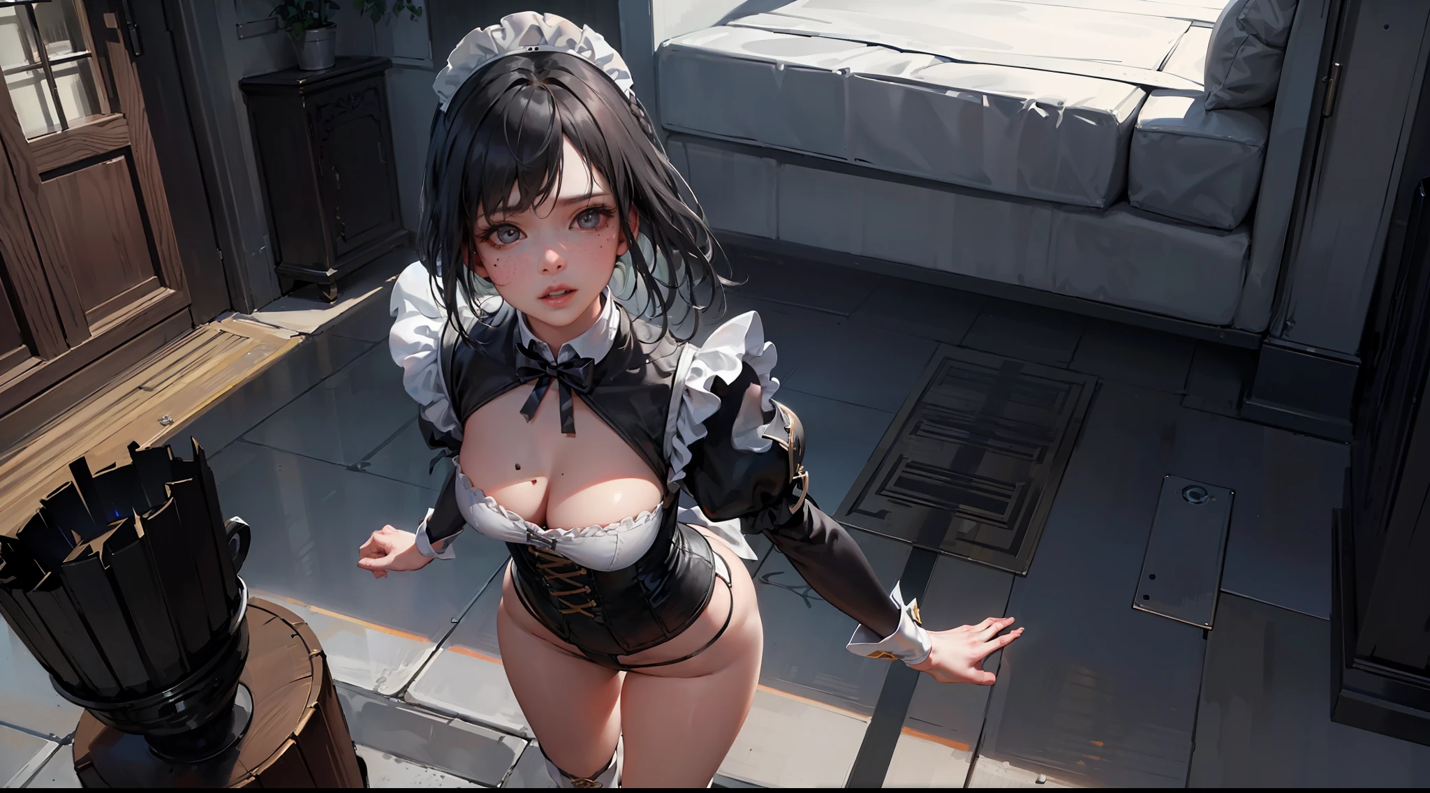 girl, maid, very sexy, (boot:1.3), (chest:1.3), light skin, realistic skin, occasional moles, looking at viewer, standing embarrassed, shoulder-length hair, dark hair, castle yard in the background, detailed face, detailed hands, detailed legs, detailed fingers, detailed hair, detailed eyes, detailed skin, dynamic lighting, 8k uhd, (photo realistic), (photorealistic:1.4), (hyper realistic), from above, (masterpiece), (best quality)