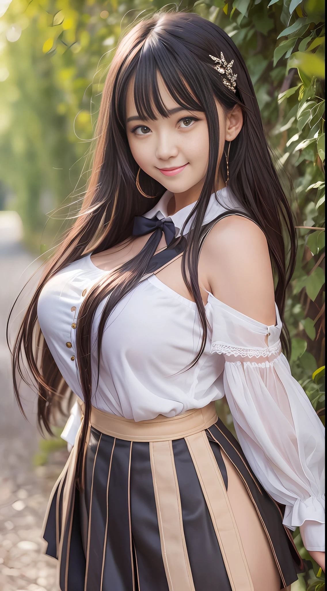 Masterpiece, best quality, .1 girl, smile, beautiful, slightly fat, (medium breasts), long hair, dark eyes, ((A-line skirt))