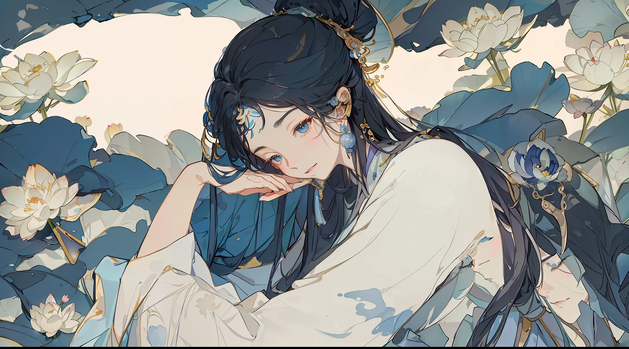 (Masterpiece, super detailed, freehand) An ancient Chinese beauty sitting on a stone, delicate facial features, melancholy temperament, wearing ancient Chinese clothing, flowing blue tulle, light silk, lazy posture, large lotus leaves, lotus flowers, ink painting style, clean colors, decisive cutting, white space, high quality, high resolution, 4K, epic composition.