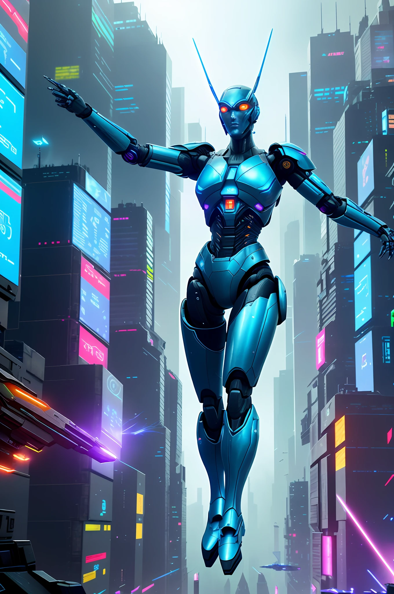 The war between artificial intelligences, A fight scene (war), Artificial intelligence, Cyberspace, many androids fighting ((many )), firing futuristic weapons, in a futuristic city (city of artificial intelligences), artificial intelligence codes, strong lights wings, with flying faces, shooting with their futuristic weapon rays of neon blue lights,