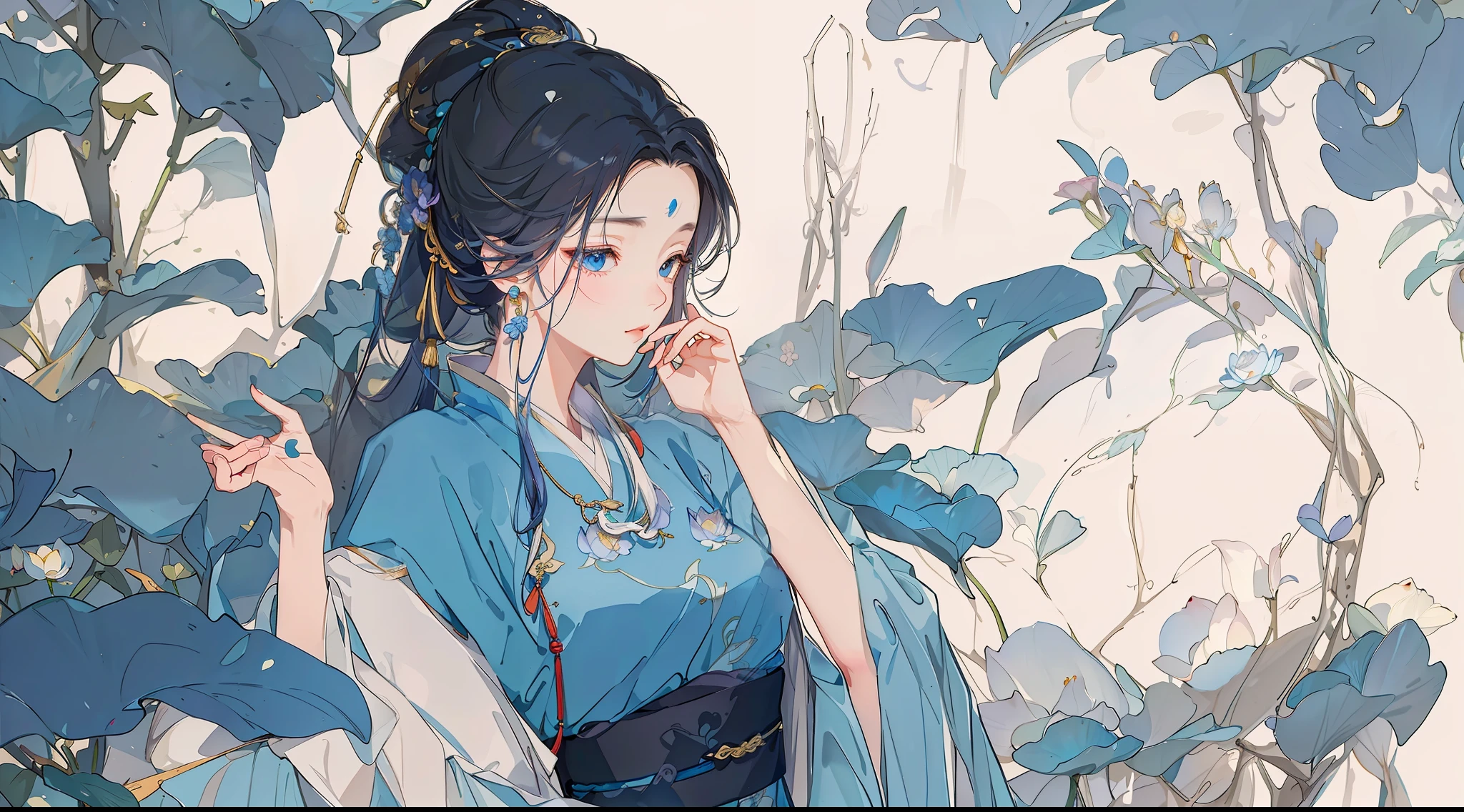 (Masterpiece, super detailed, freehand) An ancient Chinese beauty sitting on a stone, delicate facial features, melancholy temperament, wearing ancient Chinese clothing, flowing blue tulle, light silk, lazy posture, large lotus leaves, lotus flowers, ink painting style, clean colors, decisive cutting, white space, high quality, high resolution, 4K, epic composition.