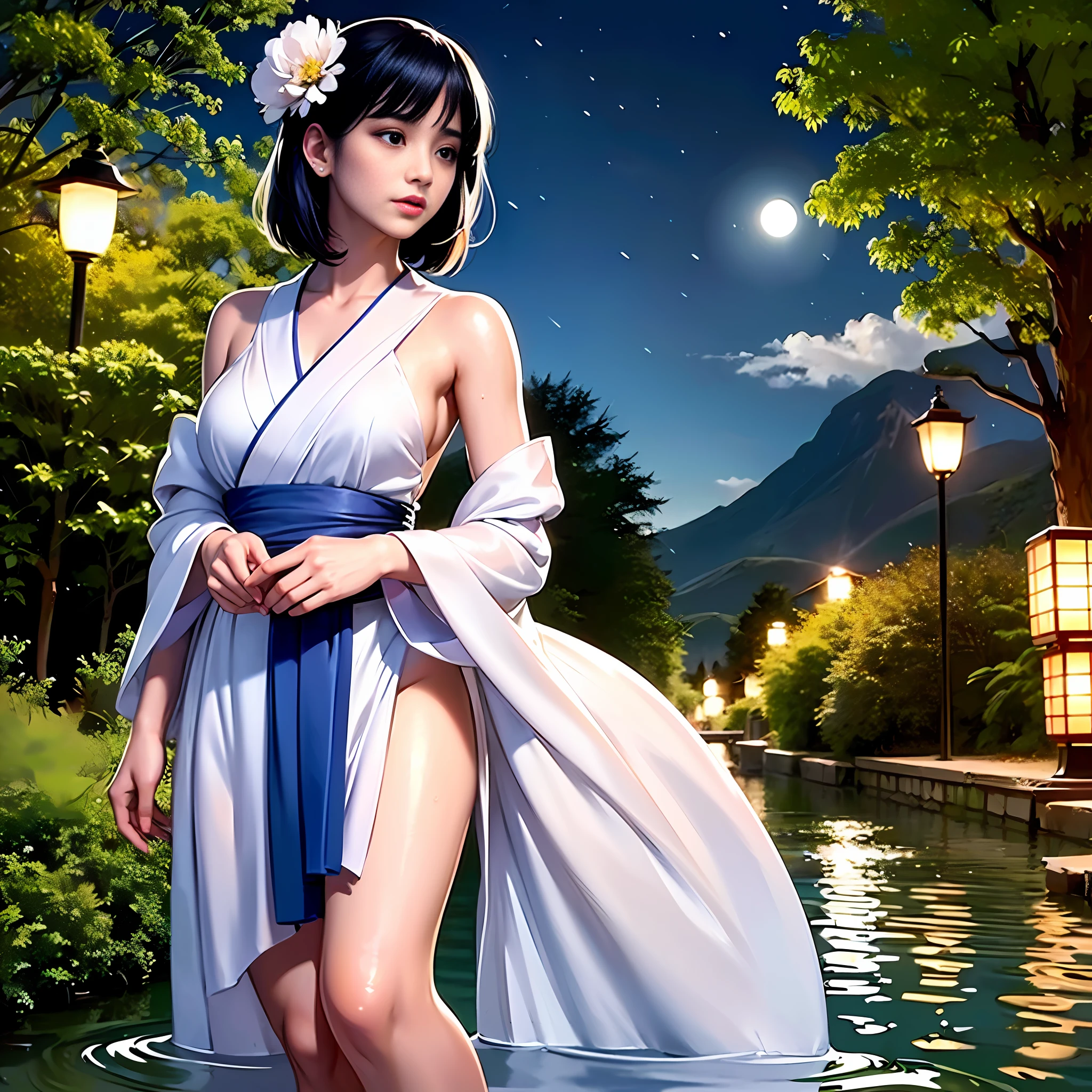 1girl, breasts, moon, lantern, night, solo, large breasts, hair ornament, wet, kimono, japanese clothes, wading, water, hair flower, flower, outdoors, sky, full moon, rain, black hair, off shoulder, mountain, cloud, holding, sash, bare shoulders, paper lantern, standing, white kimono, night sky, sideboob, obi, wet clothes, bangs, tree, from side, reflection, short hair, cloudy sky, wet hair {{(masterpiece),(extremely detailed CG unity 8k wallpaper),best quality,,solo,1girl,cinematic lighting,detailed background,beautiful detailed eyes,bright pupils, (an extremely delicate and beautiful),(Beautiful and detailed eye description)， ultra-detailed,masterpiece,}},