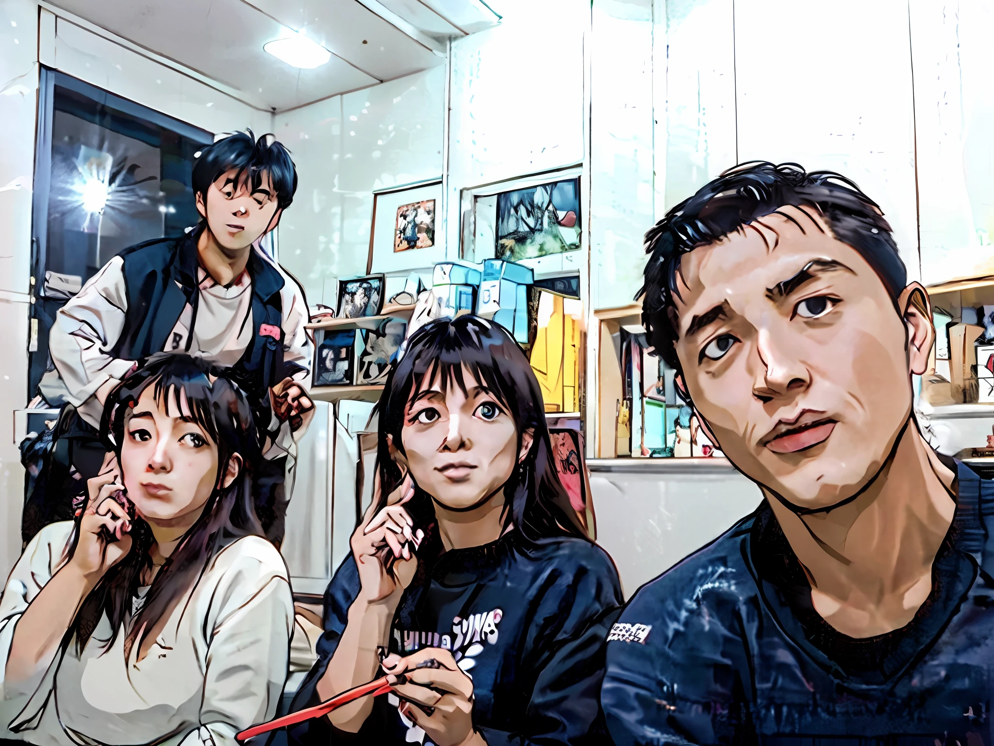In a Japanese apartment, there are three people sitting at a table, manga style, friends eating together, and having fun to take pictures