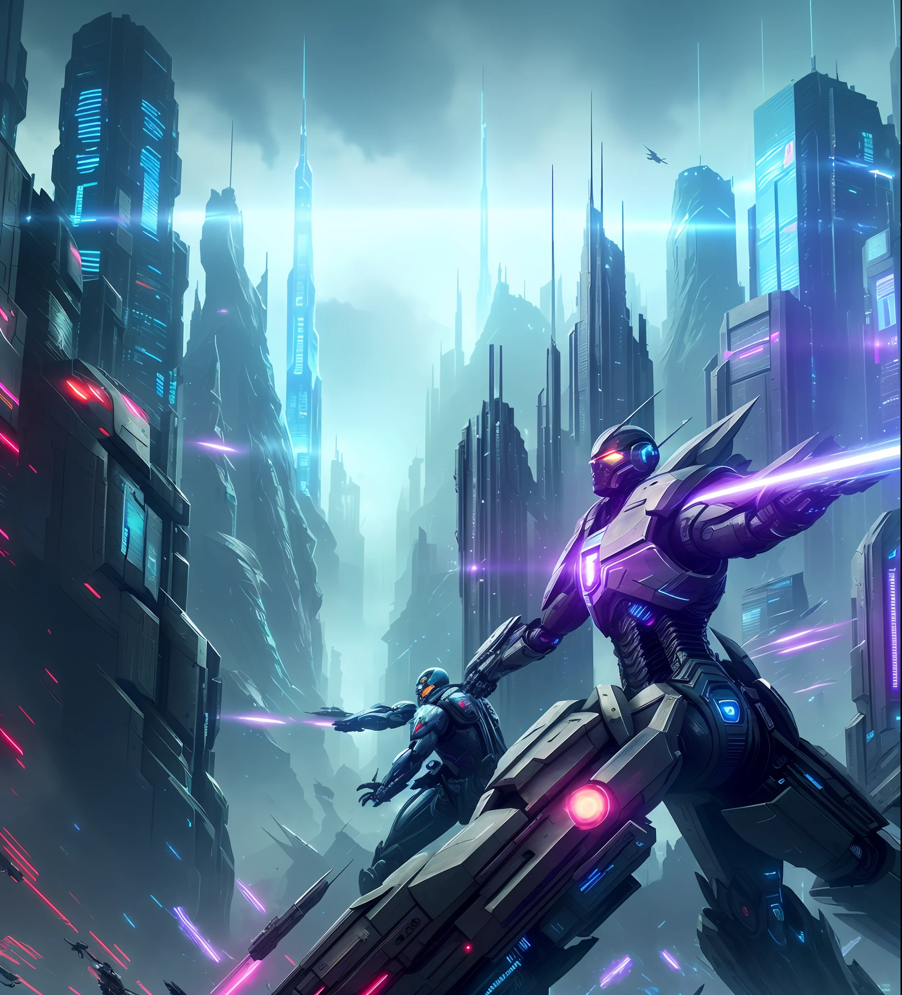A fight scene (war), Artificial Intelligence, Cyberspace, many android fighting, firing futuristic weapons, in a futuristic city (city of artificial intelligences), artificial intelligence codes, strong lights wings, with flying cars, shooting with their futuristic weapon rays of neon blue lights,