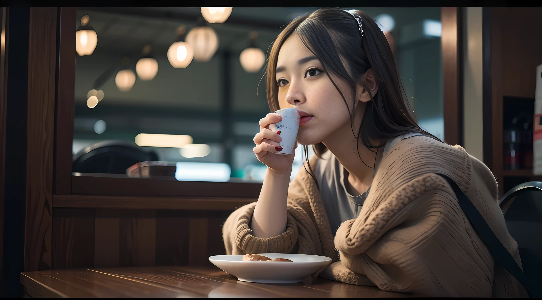Close-up of a woman sitting at a table drinking coffee, pastel portrait shot 8K, color photo portrait 4K, movie. Author: Leng Jun, 8K Art Portrait, 60mm Portrait, 8K Artgerm Bokeh, 50 mm Lens Photo Portrait, 50mm Portrait, Chinese Girl, Portrait 4K