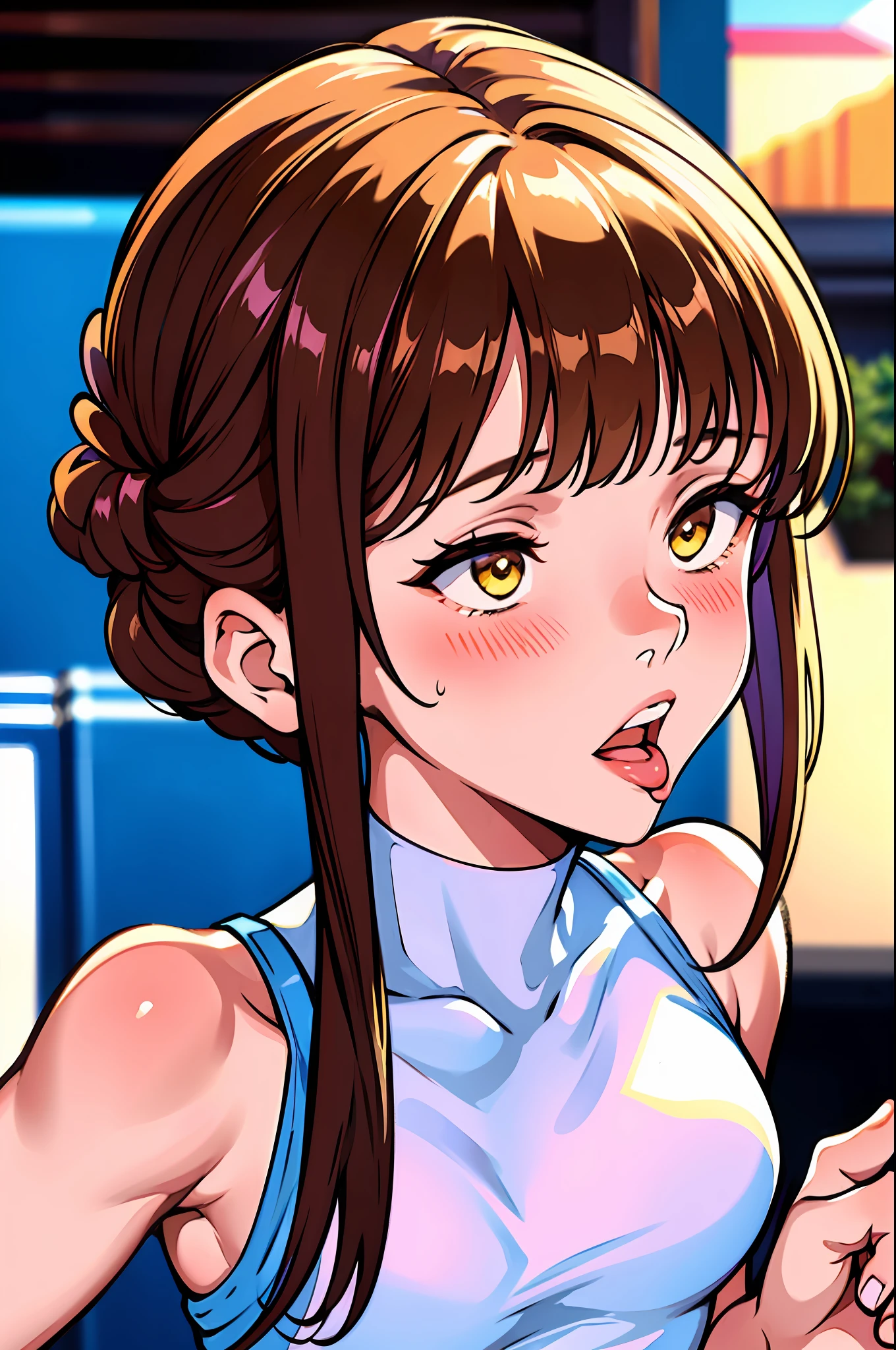 (Girl feasting on an ice cream), natural volumetric lighting and better shadows, deep depth of field, sharp focus, portrait of an incredibly beautiful little girl, soft and delicate attractive face with attractive yellow eyes, sharp eyeliner, beautiful small medium breasts, looking at others, (open mouth eating ice cream: 1.2), disheveled brown hair swept by the wind, medium double tail hairstyles in thick layers,  blushing eye shadow with thick eyelashes, lips apart, brown suntan skin, wet sweat, (transparent tank top: 1.05), slim waist with open cute navel, amazing neckline, shorts with straps, (bending, summer suffocating: 1.1), (in front of a small rustic snack shop in sunlight, side vending machine: 1.15), (highest quality,  Amazing details: 1.4), masterpiece, blooming, picturesque, vivid watercolor paintings