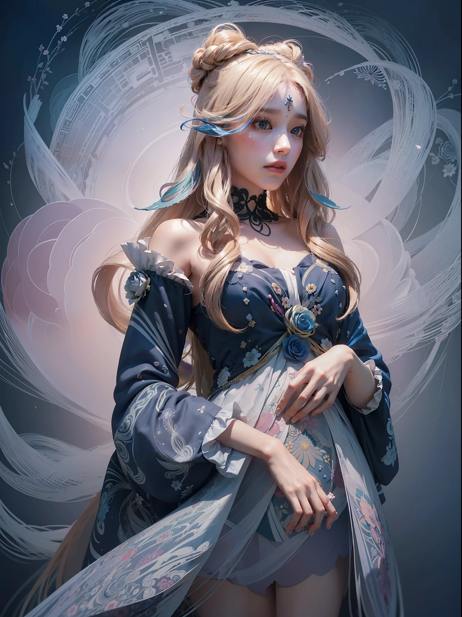 1woman, flowy hair, flowers, official art, unity 8k wallpaper, ultra detailed, beautiful and aesthetic, beautiful, masterpiece, best quality, (zentangle, mandala, tangle, entangle), (ecstasy of flower:1.2) dynamic angle, the most beautiful form of chaos, elegant, a brutalist designed, vivid colours, romanticism, atmospheric
