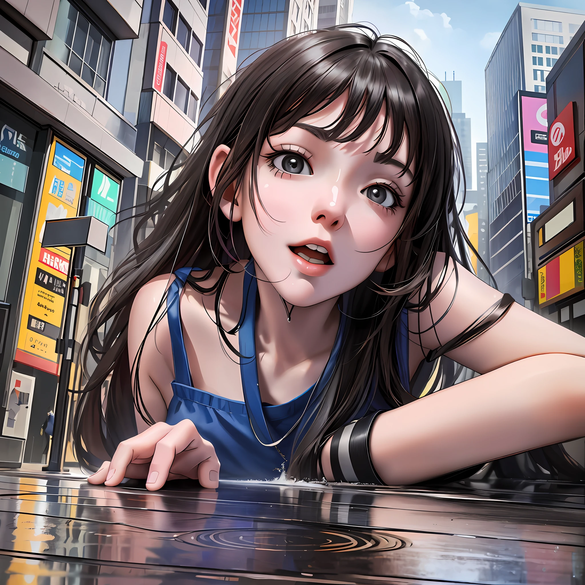 Anime giantess girl lying on the ground in a city with buildings, realistic anime 3D style, digital anime illustration, realistic anime art style, smooth anime art, detailed digital anime art, digital anime art, anime realism style, anime style digital art, realistic anime art style, photorealistic anime, urban girl fan art, 4k anime style, giantess