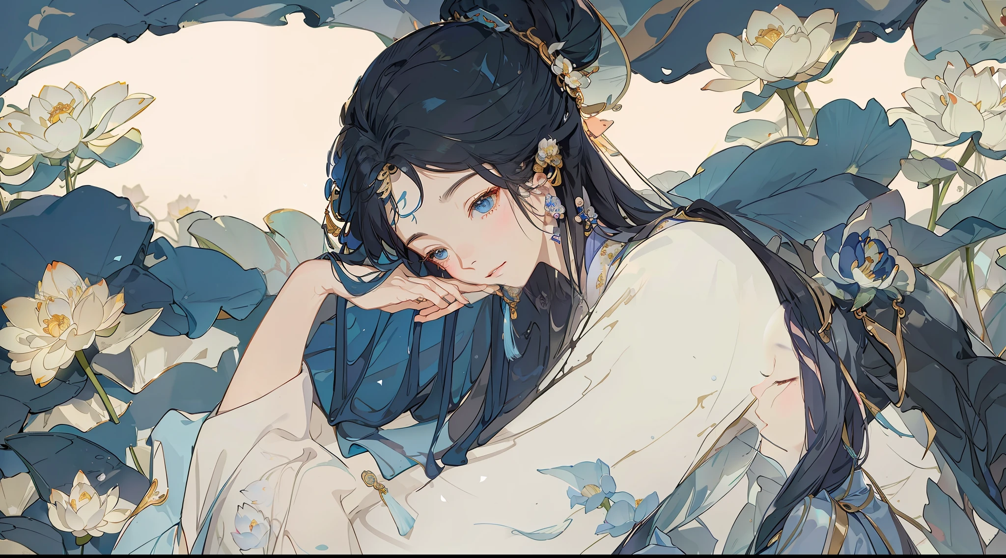(Masterpiece, super detailed, freehand) An ancient Chinese beauty sitting on a stone, delicate facial features, melancholy temperament, wearing ancient Chinese clothing, flowing blue tulle, light silk, lazy posture, large lotus leaves, lotus flowers, ink painting style, clean colors, decisive cutting, white space, high quality, high resolution, 4K, epic composition.