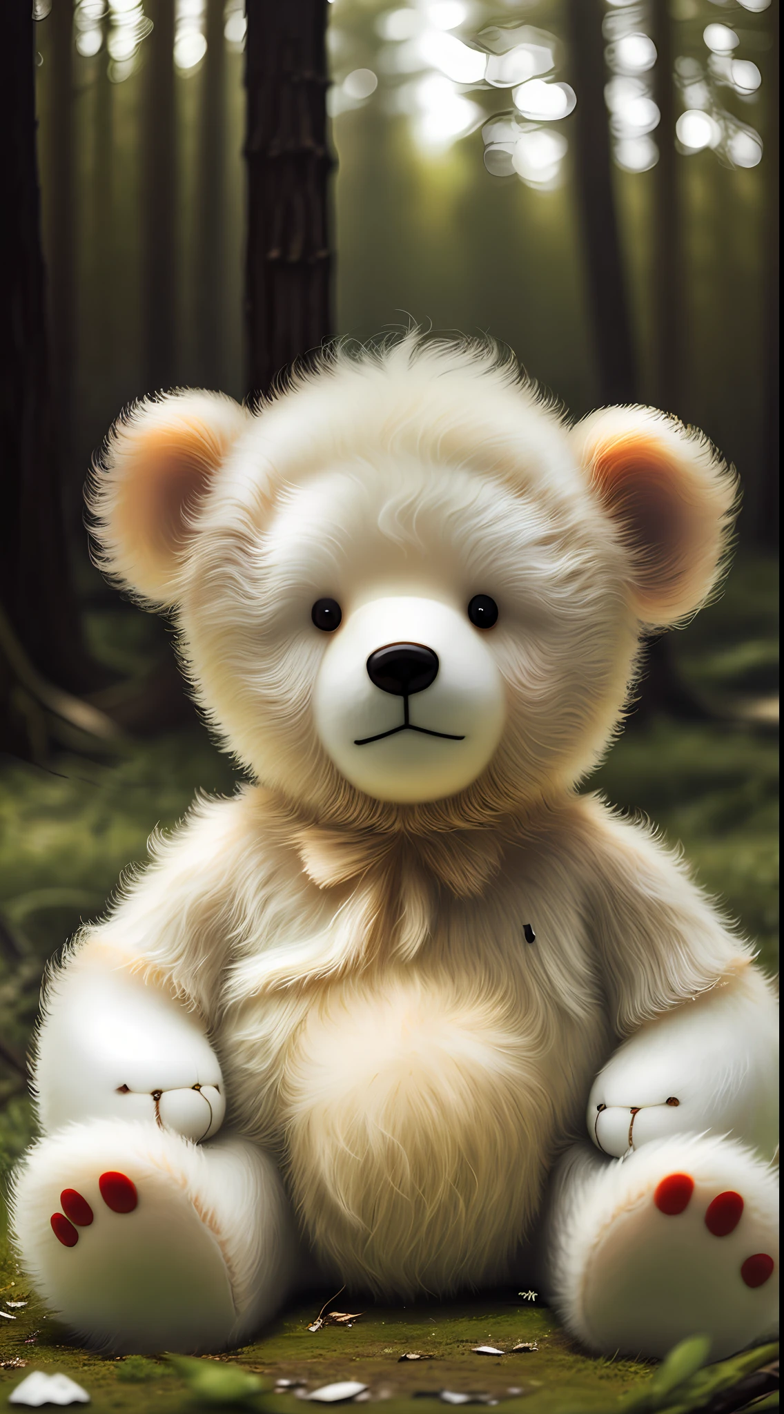 An albino teddy bear, abandoned in the woods( best photograph)