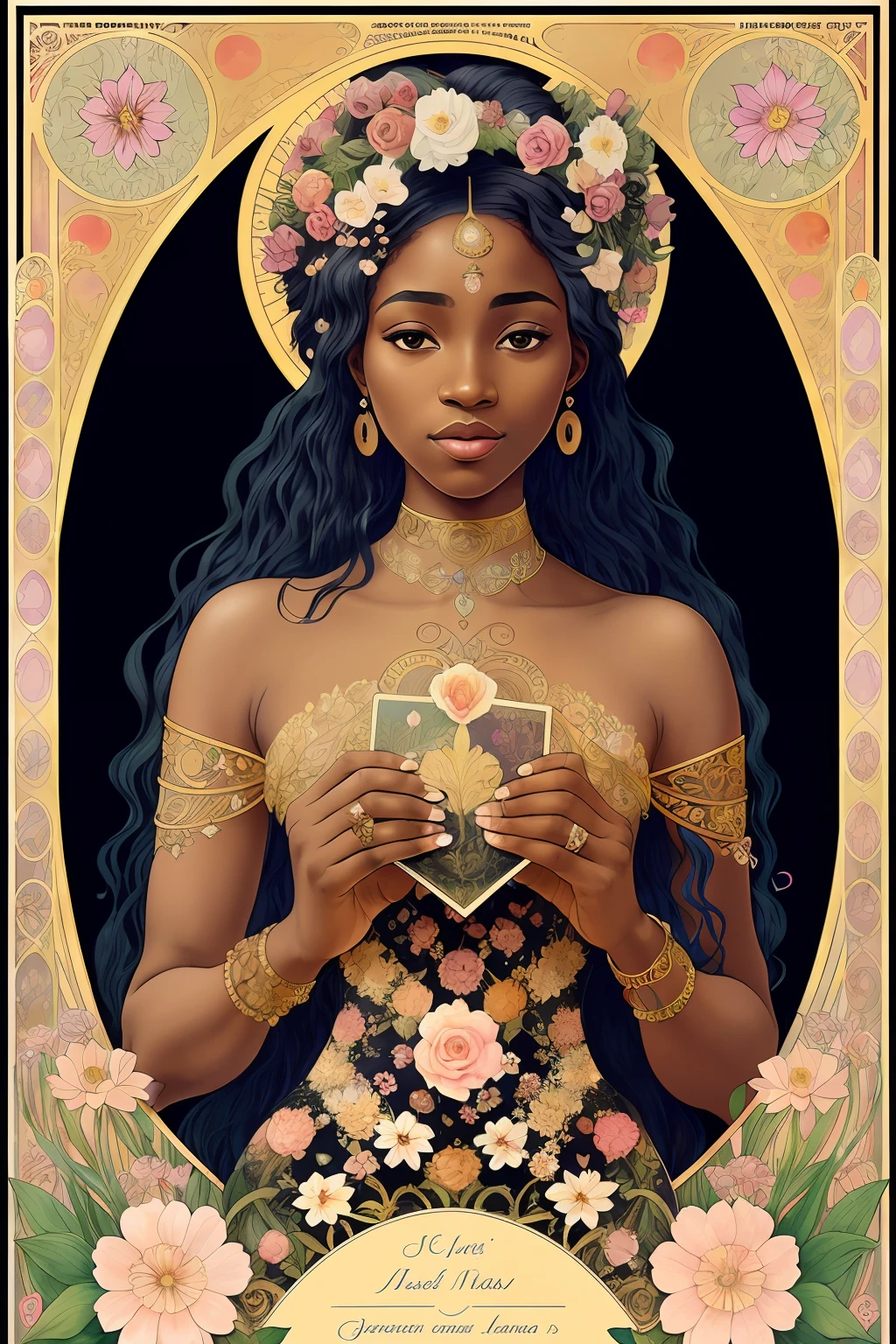 A full body portrait of a gorgeous black woman with flowers on her hair, tarot card, variscite, alphonse mucha, gustav klimt, anna dittmann, floral, art nouveau, illustration, hyperrealistic, line art, marker drawing, watercolor painting, african American woman