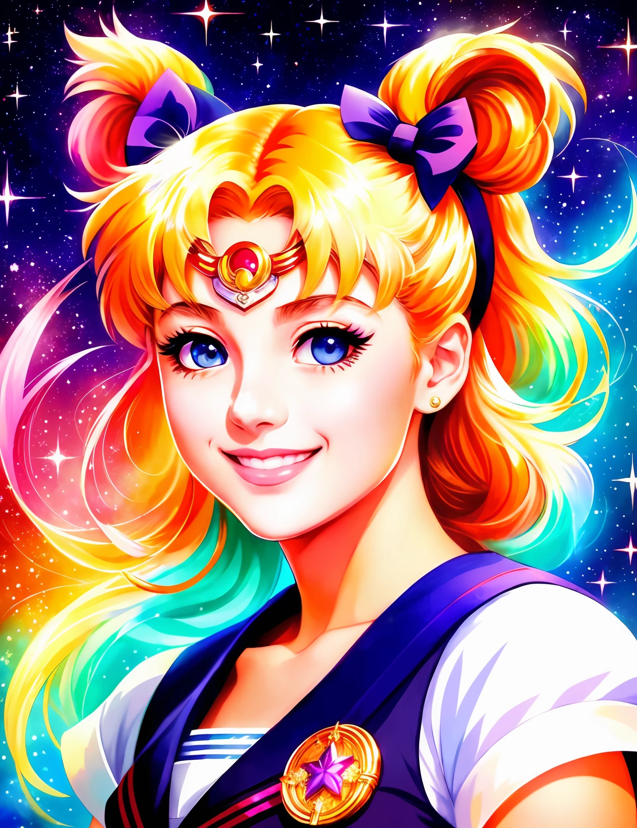 An ultra detailed portrait of a Sailor Moon 1girl smiling, colorful digital painting, highly detailed, digital painting, art station, intricate, sharp focus, warm lighting, attractive, high quality, masterpiece, Usagi Tsukino anime illustration style