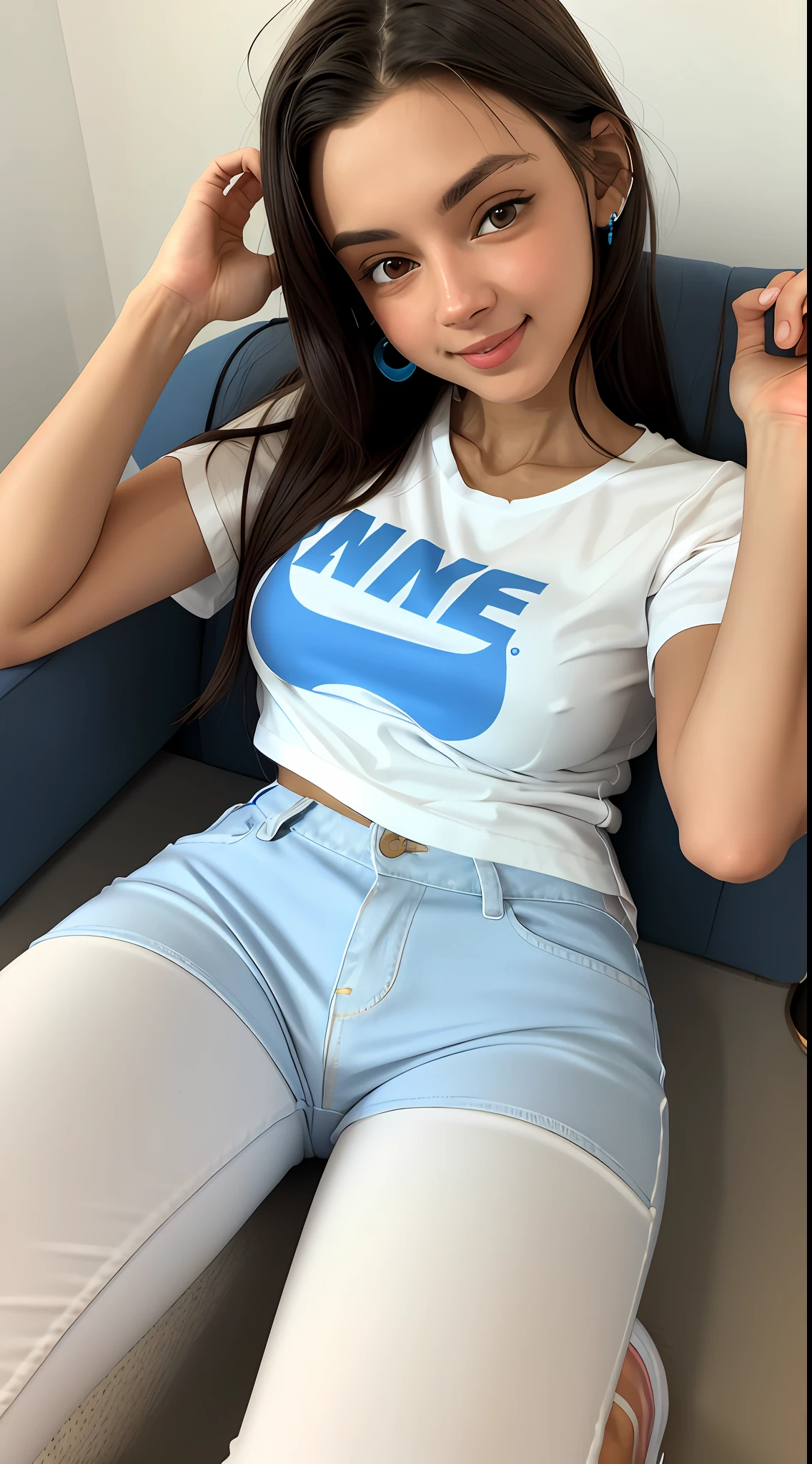 1girl, she wearing white shirt and blue pants, casual clothes, wearing blue nike sneakers, 22 years old, smiling face, adult face, 8k style, realistic, crowded, medium black hair.