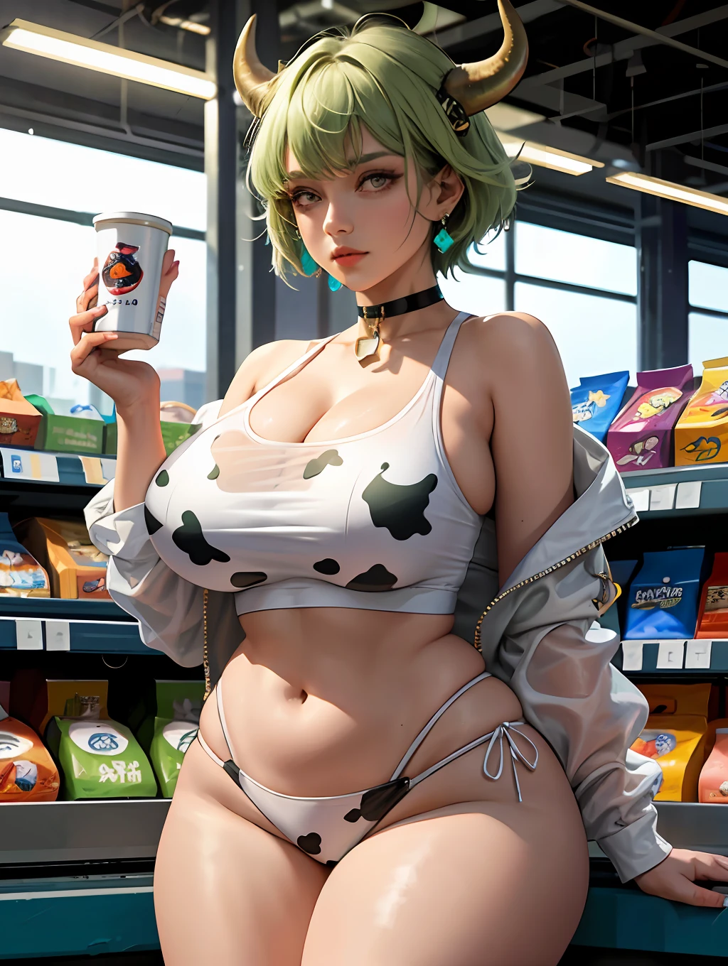 Hucow girl holding a big milk carton, masterpiece, candid photo, shy, short green hair, big eyes, (detailed face), curvy, enormous breasts, two symmetrical horns, white (tight shirt), crop top, cute open (cow pattern) jacket, choker with bell, (in a colorful supermarket), mature female, thick thighs, earrings, high detail, ultra-detailed, retro, [big lips]
