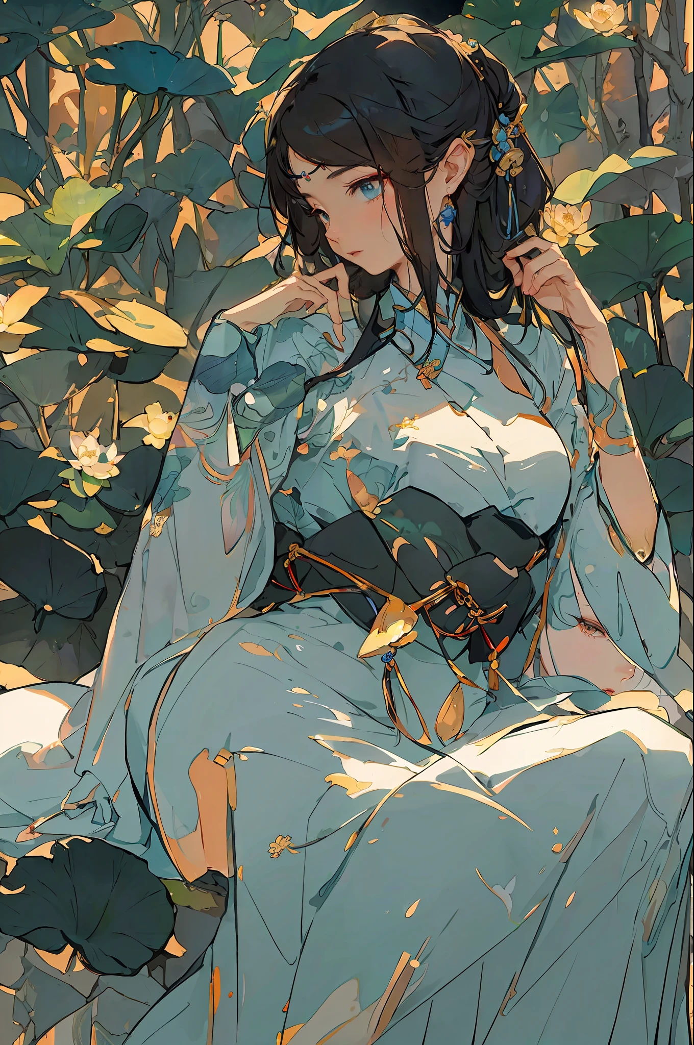 An ancient Chinese beauty sitting on a stone, wearing ancient Chinese clothing, flowing tulle, light silk, lazy posture, large lotus leaf, lotus, ink painting style, clean color, decisive cutting, blank, freehand, masterpiece, super detailed, epic composition, high quality, the highest quality, 4k --v 6