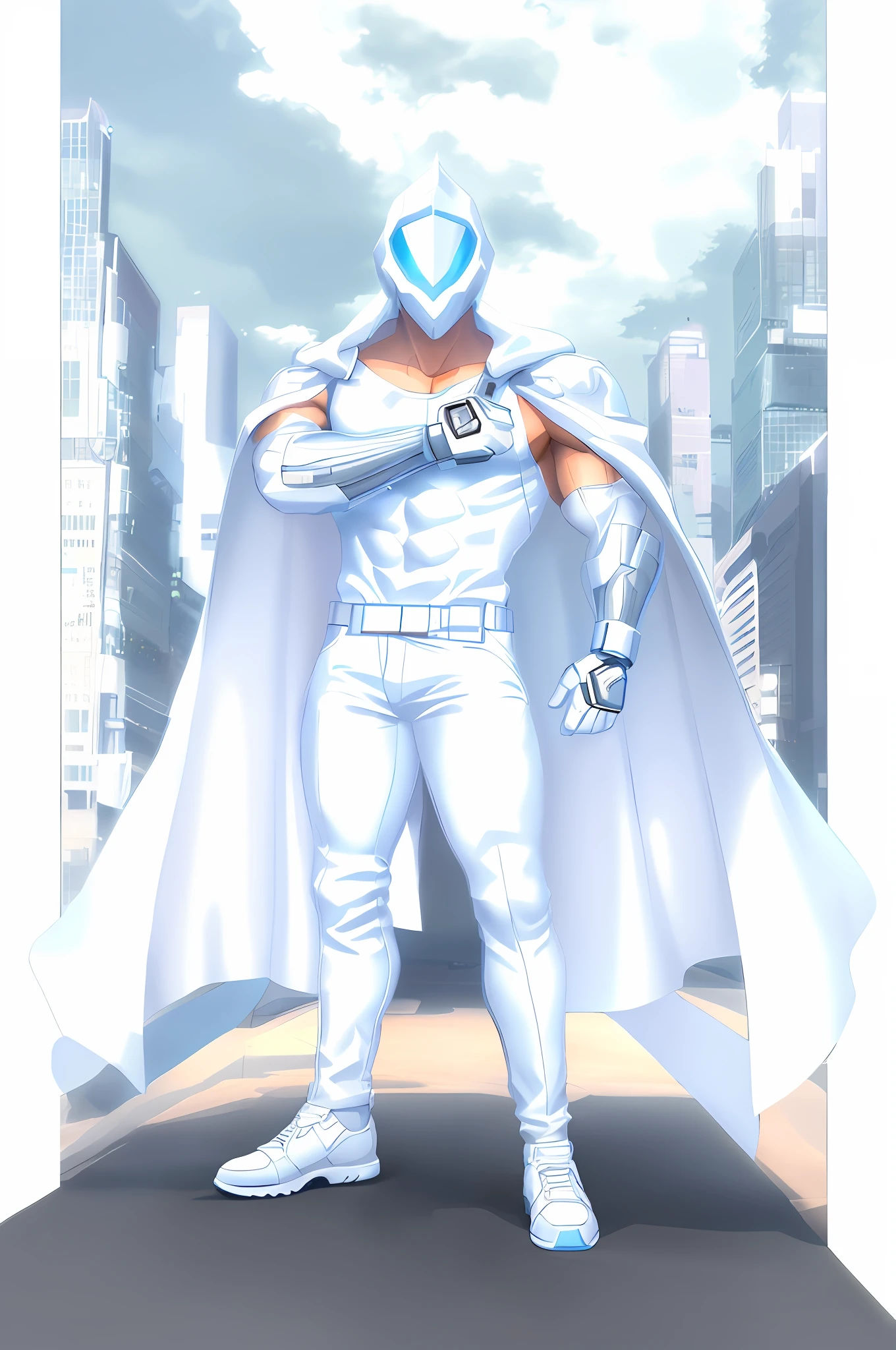 a drawing of a man standing on a city street, (white tanktop, white longpants, white shoes, futuristic gloves, cloak, casual shoes)!!, clean lineart, detailed full body concept, heroic proportions figure, muscular!!, full body concept, shading, colorful background, cyberpunk city background