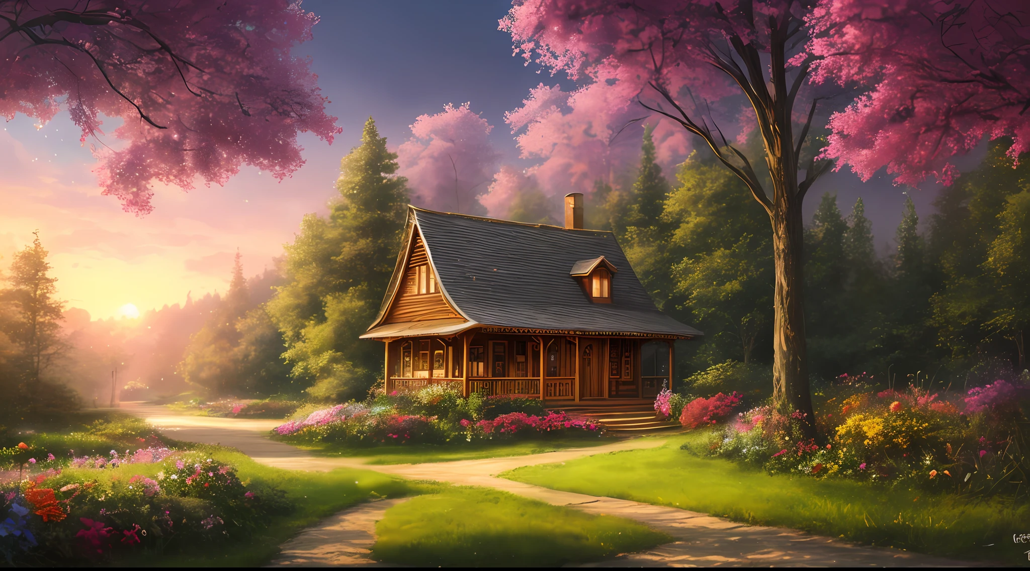 masterpiece, best quality, high quality, extremely detailed 8k wallpaper of the CG unit, a charming and dreamy scene of a fantasy forest, with tall trees, a small house, bright mushrooms and hidden fairy valleys, creating a sense of mystique and enchantment, artistic station, digital illustration, intricate, trend, pastel colors, oil painting, award-winning photography,  Bokeh, depth of field, HDR, flower, chromatic aberration, photorealistic, extremely detailed, trend in artstation, trend in CGsociety, intricate, high detail, dramatic, art in the middle of the journey