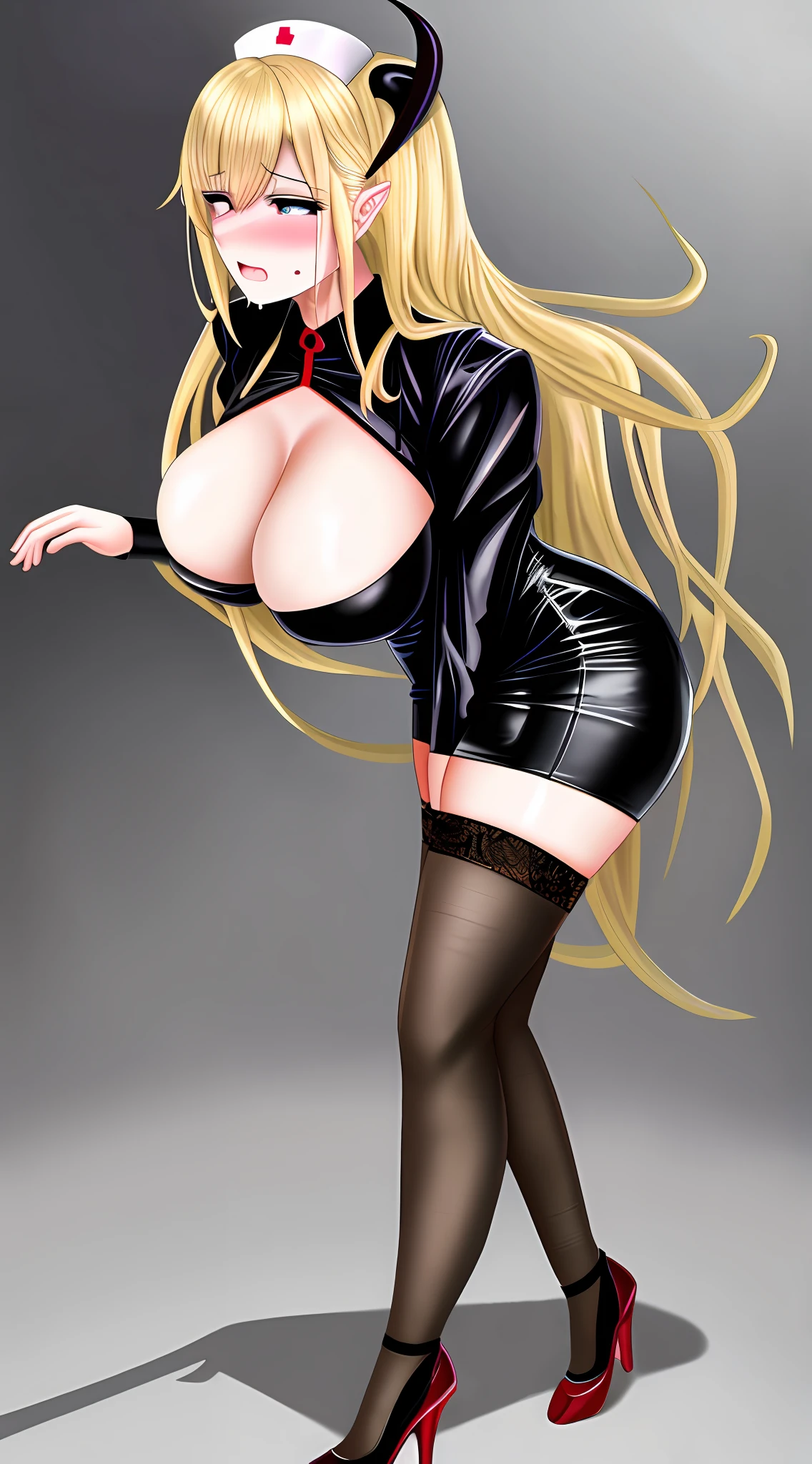 Beautiful nurse, blonde, skirt, sexy, stockings, venom clothes, drooling, blushing, possessed, high heels, standing, devil, out of body