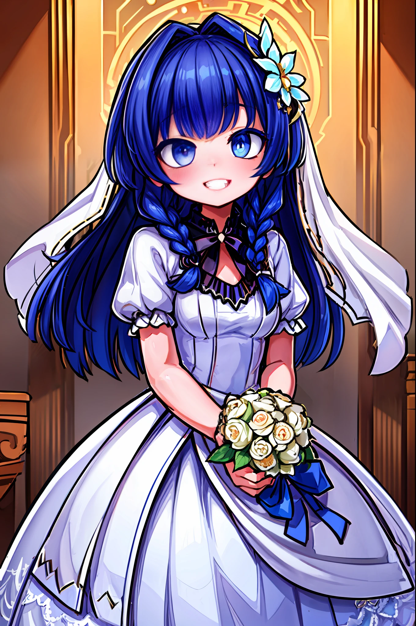 masterpiece, best quality, (highly detailed CG unity 8k wallpaper), (best quality), (best illustration), (best shadow), big braid, white and indigo hair, big smile, wedding dress, wedding bouquet in hand, flower garden,