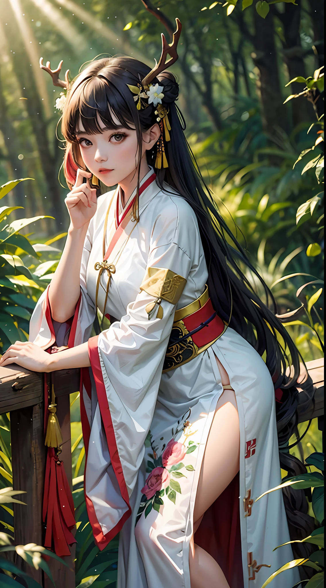 RAW photo, masterpiece, best quality, (1girl), beautiful girl, girl with deer horn, cool pose, wearing colorful Hanfu, in forest, cinematic light, sun ray, happy