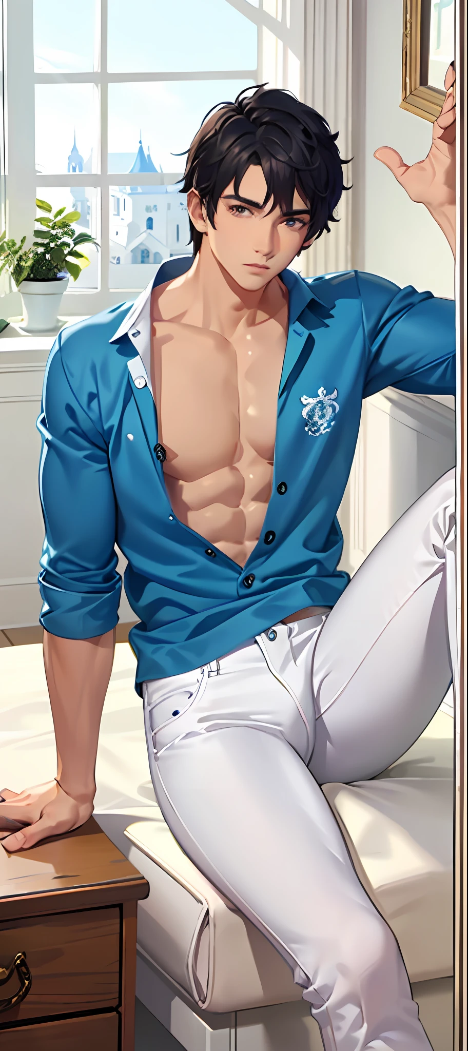 (College boy, cool) muscular lean body, white georgette shirt, blue coloured jeans pant, no expression, detailed hands and legs and good face. Sitting and looking at camera. Bedroom scene with detailed ornamentation of walls.