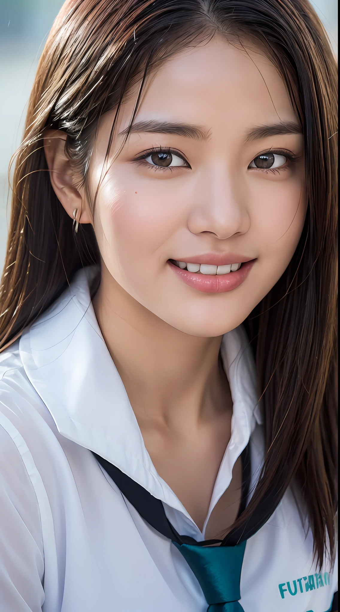 ((Top Quality, 8K, Masterpiece: 1.3)), (high detail: 1 in 1), (Focus on face),buttocks: 1.2, (Perfect Body Beauty: 1.4), ((Layered Haircut, Chest: 1.4)), (Rain:1.6), (in Street), (Wearing a (wet:1.4) white school Uniform with miniskirt and Loose Tie), Very detailed face and skin texture, narrow eyes, double eyelids, whitening skin, long hair, (Shut up: 1.3), smile,extra, real photo, psd, lamp film photography, sharp focus, contrast lighting, detailed skin, high resolution 8k, crazy detail, realistic, professional photography, 8k uhd, SLR camera, soft lighting, high quality, film grain, fujifilm XT3,