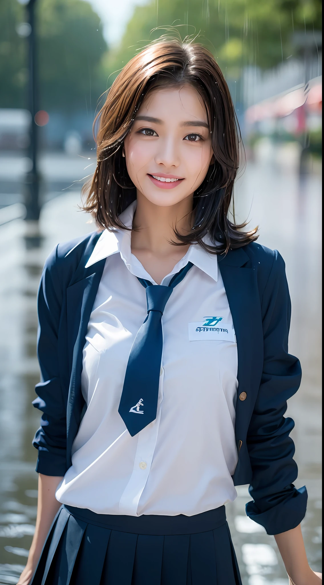 ((Top Quality, 8K, Masterpiece: 1.3)), (high detail: 1 in 1), (Focus on face),buttocks: 1.2, (Perfect Body Beauty: 1.4), ((Layered Haircut, Chest: 1.4)), (Rain:1.6), (in Street), (Wearing a (wet:1.4) white school Uniform with miniskirt and Loose Tie), Very detailed face and skin texture, narrow eyes, double eyelids, whitening skin, long hair, (Shut up: 1.3), smile,extra, real photo, psd, lamp film photography, sharp focus, contrast lighting, detailed skin, high resolution 8k, crazy detail, realistic, professional photography, 8k uhd, SLR camera, soft lighting, high quality, film grain, fujifilm XT3,