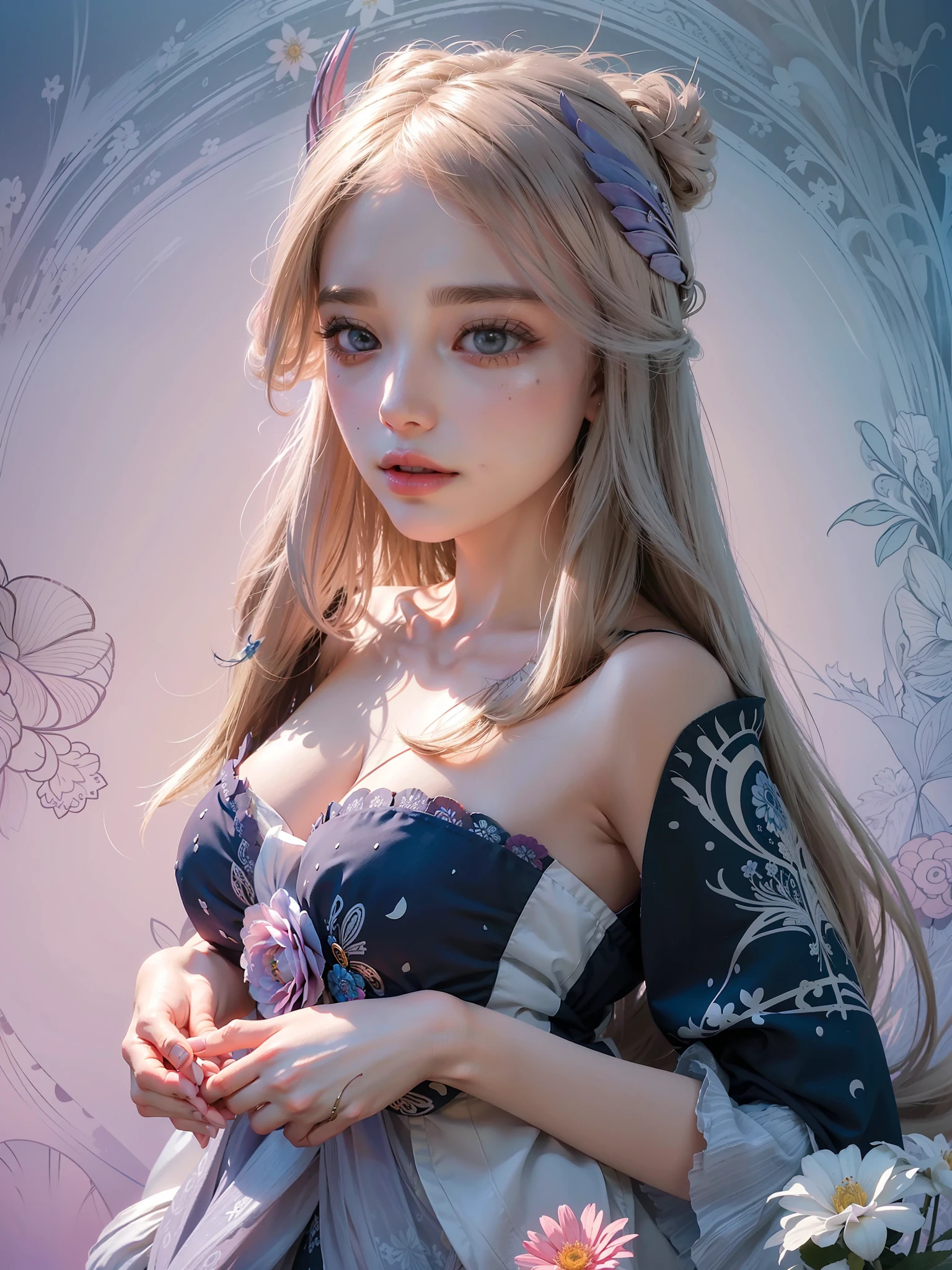 1woman, flowy hair, flowers, official art, unity 8k wallpaper, ultra detailed, beautiful and aesthetic, beautiful, masterpiece, best quality, (zentangle, mandala, tangle, entangle), (ecstasy of flower:1.2) dynamic angle, the most beautiful form of chaos, elegant, a brutalist designed, vivid colours, romanticism, atmospheric