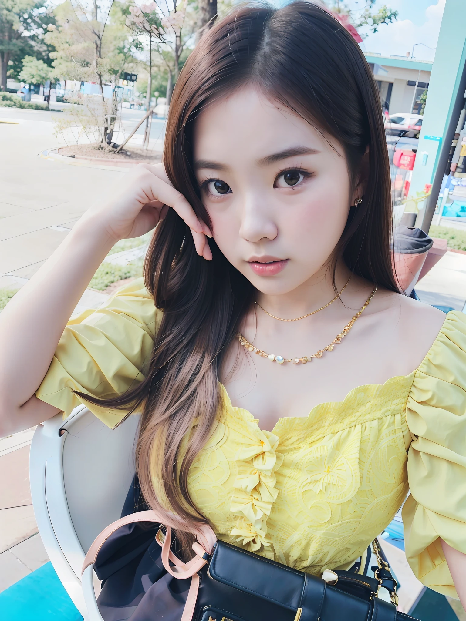 a close up of a woman wearing a yellow dress and a purse, lovely woman, beautiful image, asian girl, anime thai girl, (Best quality, 8k, 32k, Masterpiece, UHD:1.2),Photo of Pretty Japanese woman, 1girl,side portrait, (large breasts:1.2, very beautiful girl, dang my linh, ruan cute vtuber, nivanh chanthara, very high quality, 8 k resolusi, take by nikon z 9, 85 mm lens, f 1.4, young and cute girl, cute beautiful, cute girl, good young girl, handsome girl, beautiful cute