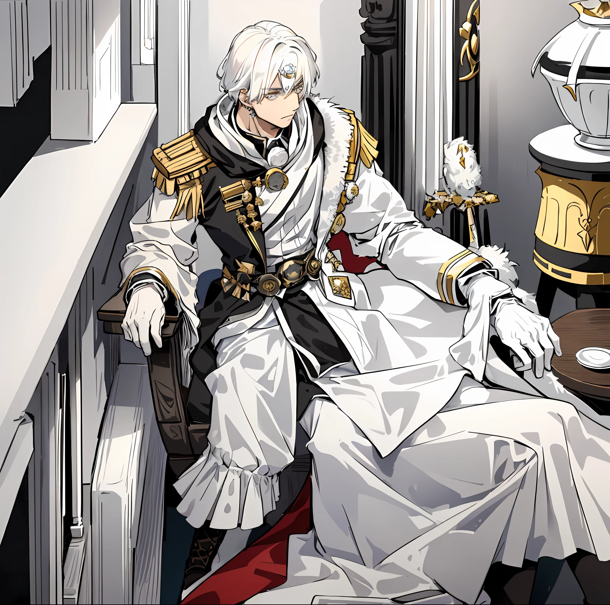 A old king, white hair, black eyes, sitting on the throne, imperial white clothing, portrait