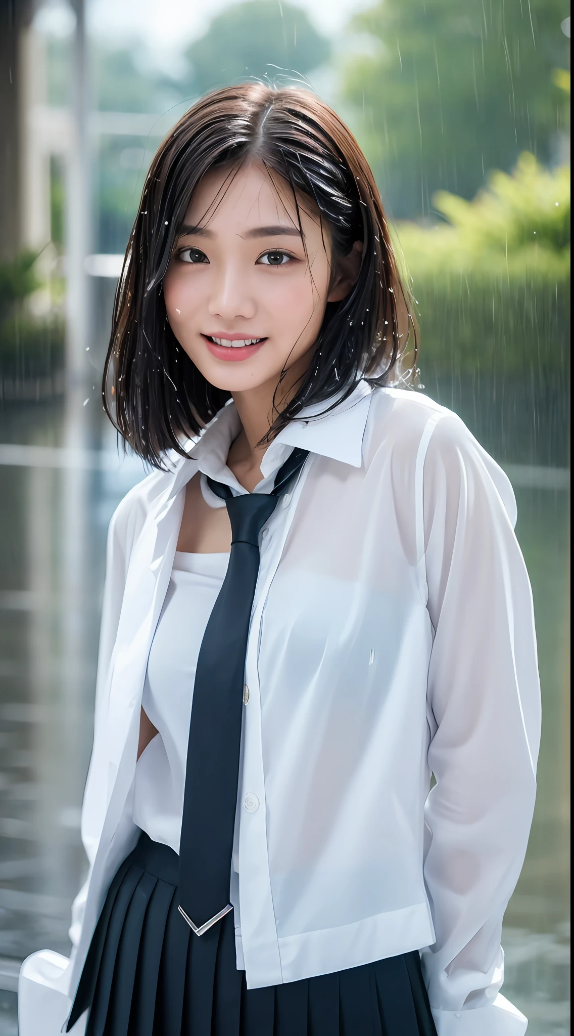 ((Top Quality, 8K, Masterpiece: 1.3)), (high detail: 1 in 1), (Focus on face),buttocks: 1.2, (Perfect Body Beauty: 1.4), ((Layered Haircut, Chest: 1.4)), (Rain:1.6), (in Street), (Wearing a (wet:1.4) white school Uniform with miniskirt and Loose Tie), Very detailed face and skin texture, narrow eyes, double eyelids, whitening skin, long hair, (Shut up: 1.3), smile,extra, real photo, psd, lamp film photography, sharp focus, contrast lighting, detailed skin, high resolution 8k, crazy detail, realistic, professional photography, 8k uhd, SLR camera, soft lighting, high quality, film grain, fujifilm XT3,