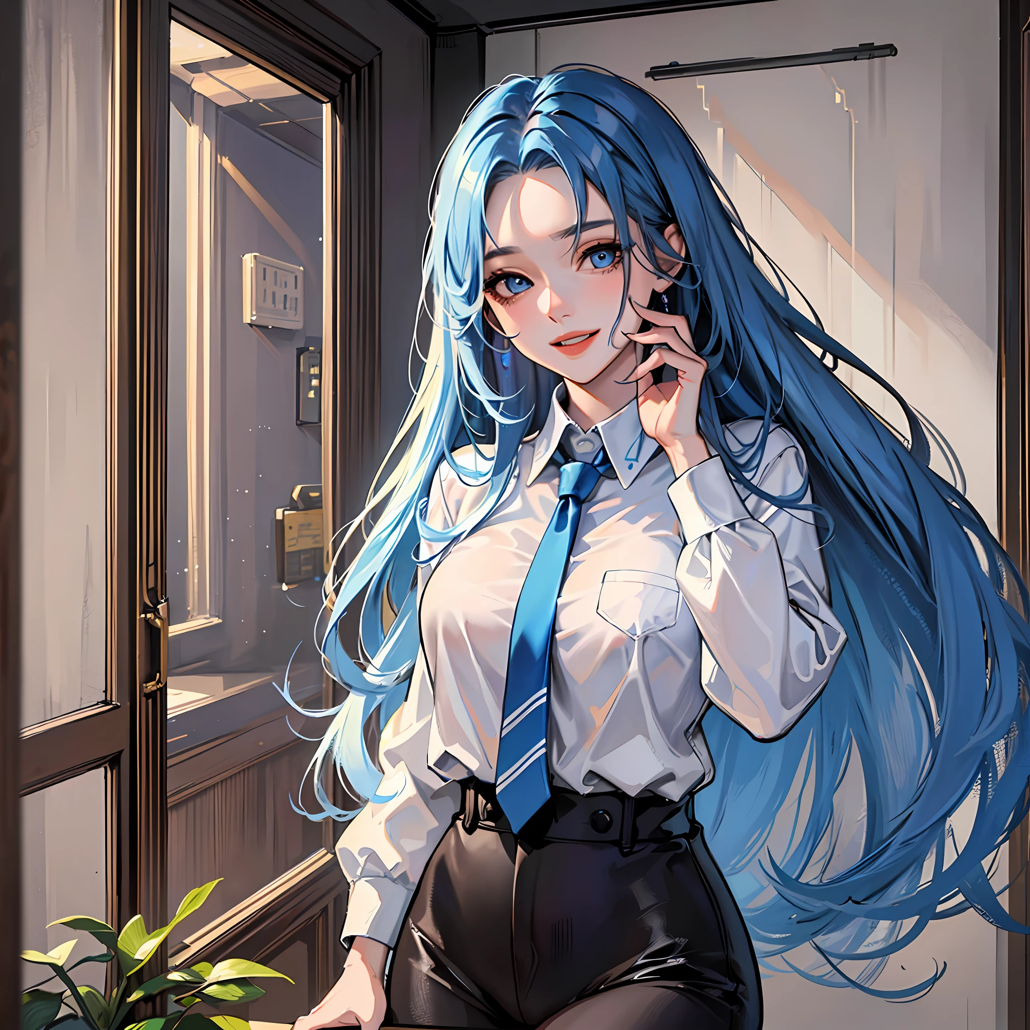 (Masterpiece, quality, super fine, detail) mature beauty, a 20-year-old woman with long blue hair, striking blue eyes, wearing a suit, is the focus of the scene. Standing in an office with a smiling face and a phone in your hand to your ear, the image is optimized for 4K Ultra HD resolution with intricate details and realistic textures to bring the image to life.