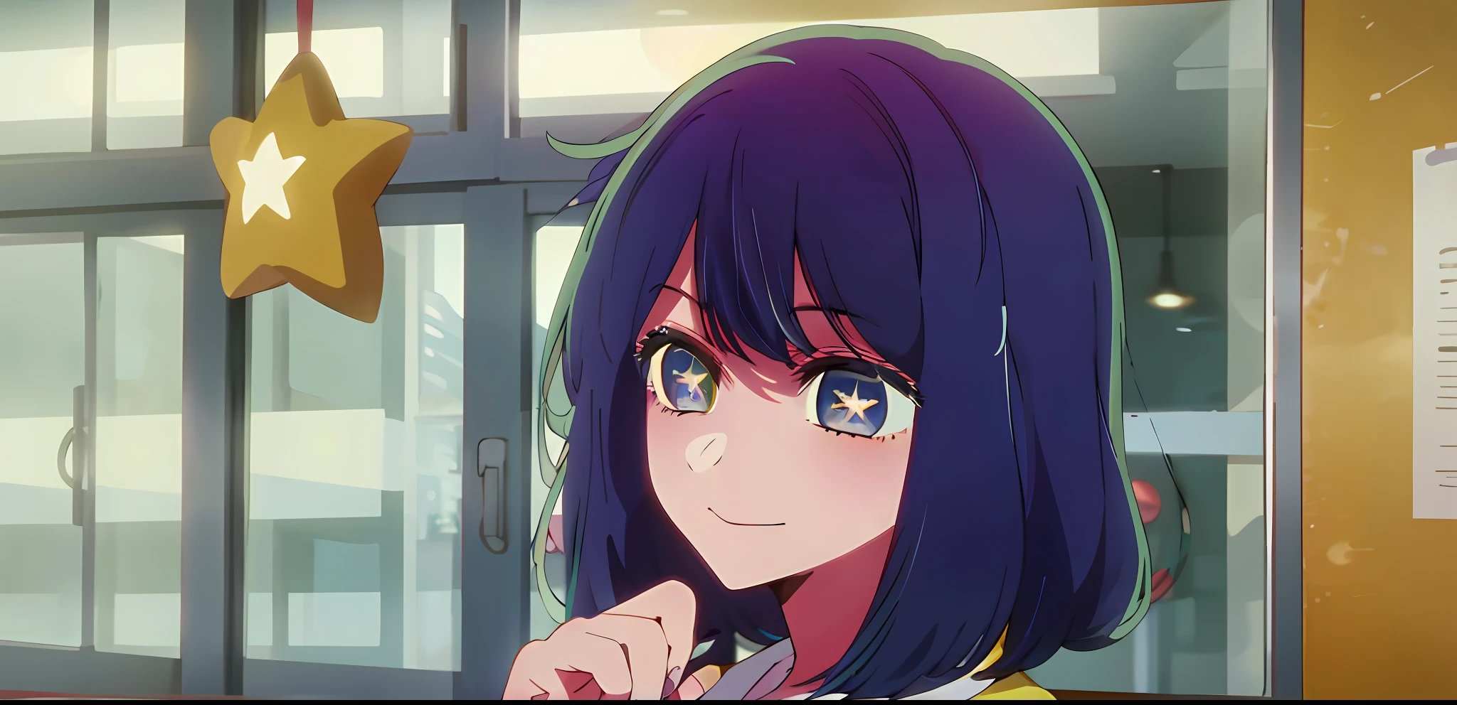 (masterpiece:1.2, best quality), 1girl, solo, school uniform, classroom, day, sit, star-shaped pupils in both eyes , yellow star-shaped pupils, yellow symbol-shaped pupils, yellow star in eye, yellow star symbol-shaped pupils, blue hair, smiling, laughing