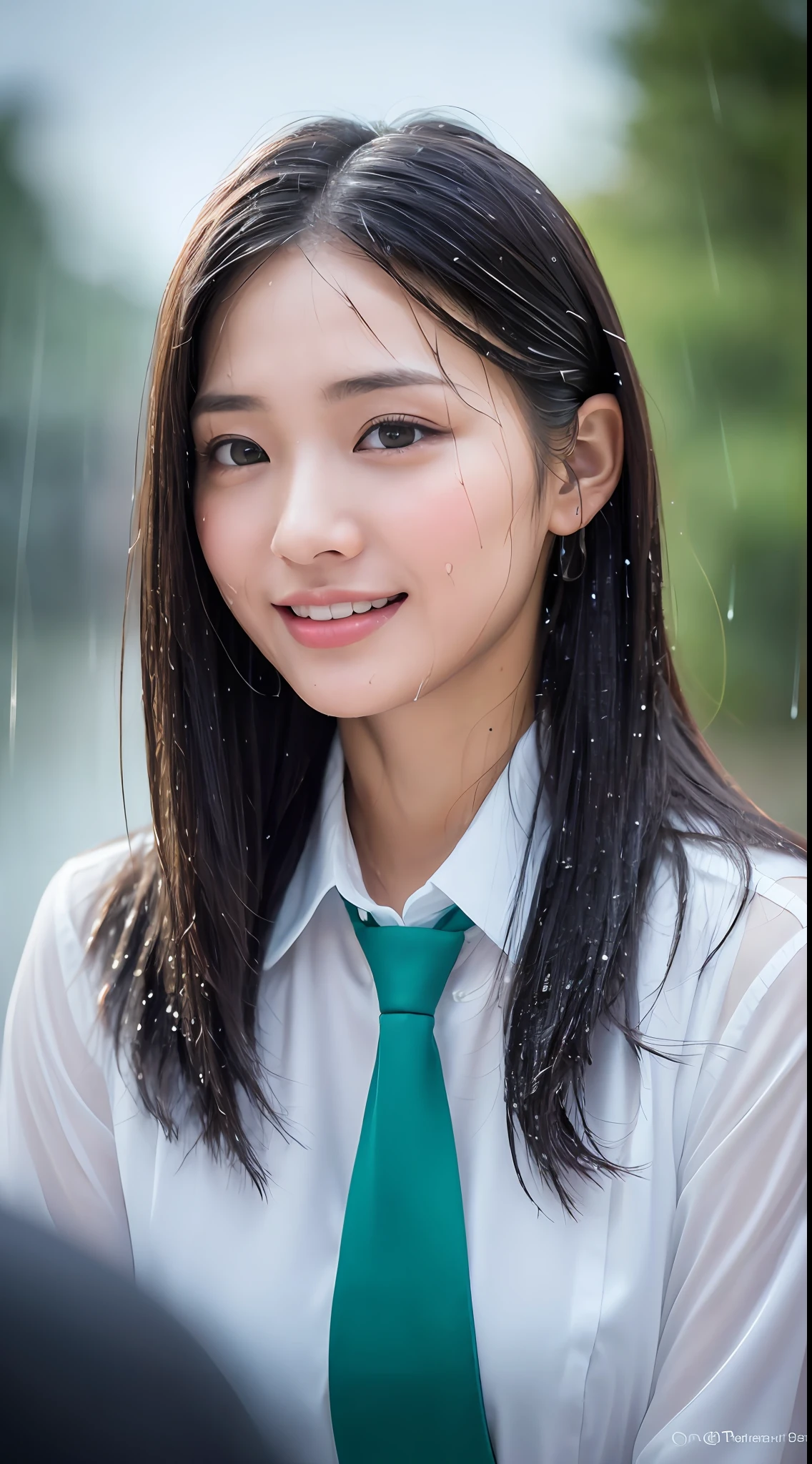 ((Top Quality, 8K, Masterpiece: 1.3)), (high detail: 1 in 1), (Focus on face),buttocks: 1.2, (Perfect Body Beauty: 1.4), ((Layered Haircut, Chest: 1.4)), (Rain:1.6), (in Street), (Wearing a (wet:1.4) white school Uniform with miniskirt and Loose Tie), Very detailed face and skin texture, narrow eyes, double eyelids, whitening skin, long hair, (Shut up: 1.3), smile,extra, real photo, psd, lamp film photography, sharp focus, contrast lighting, detailed skin, high resolution 8k, crazy detail, realistic, professional photography, 8k uhd, SLR camera, soft lighting, high quality, film grain, fujifilm XT3,