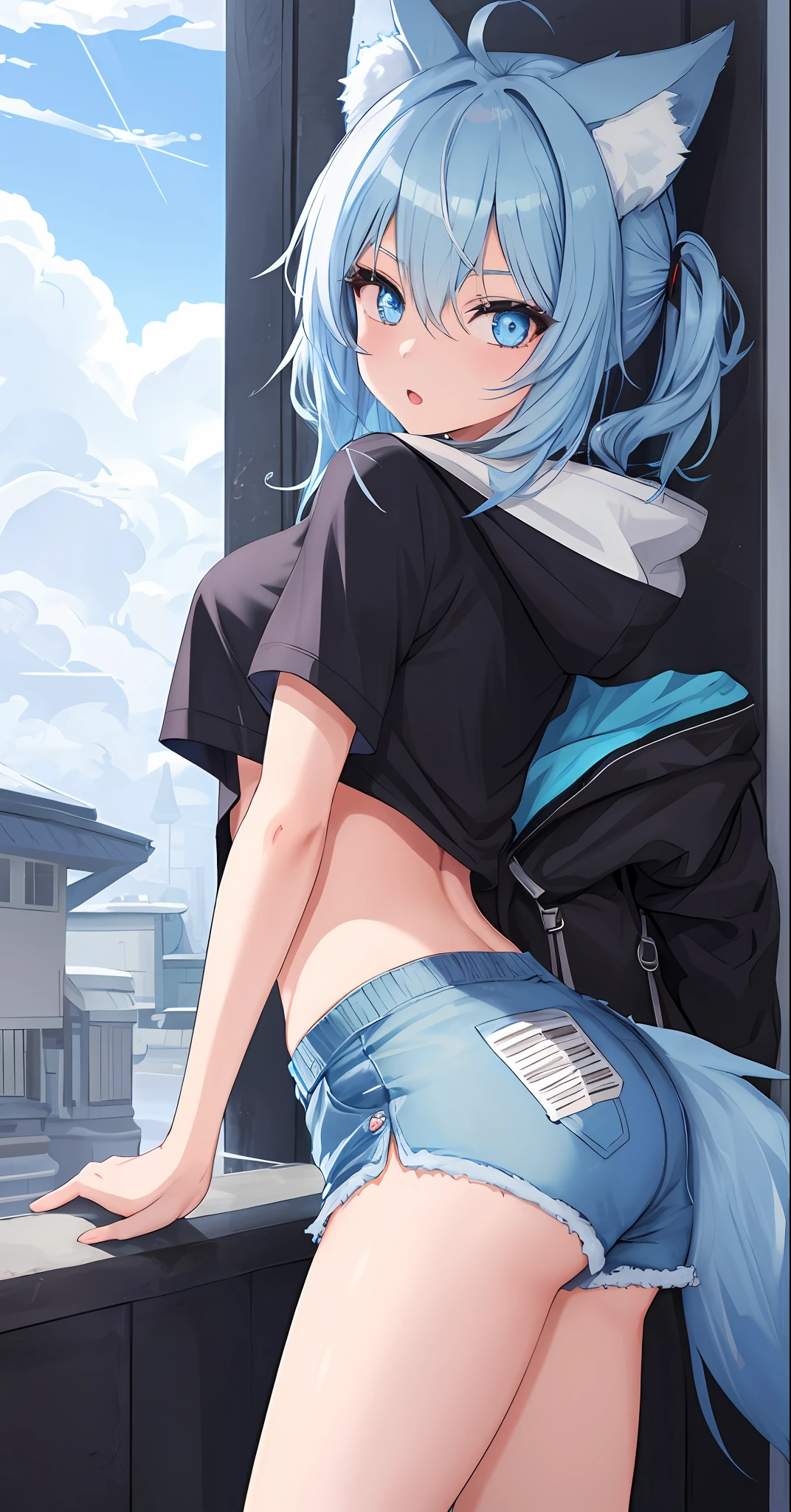 1girl, ice blue hair, blue eyes, wolf ears, wolf tail, hoodie, black booty shorts, HD, vibrant, masterpiece, best quality, slim, toned, dead expression