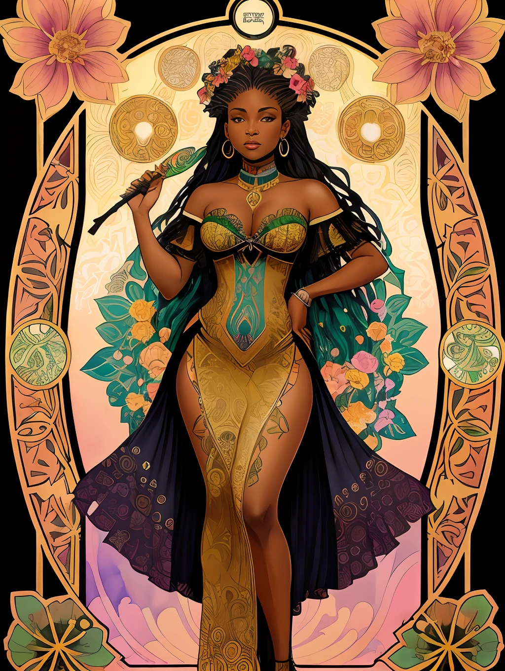A full body portrait of a gorgeous black woman with flowers on her hair, tarot card, variscite, alphonse mucha, gustav klimt, anna dittmann, floral, art nouveau, illustration, hyperrealistic, line art, marker drawing, watercolor painting, african American woman